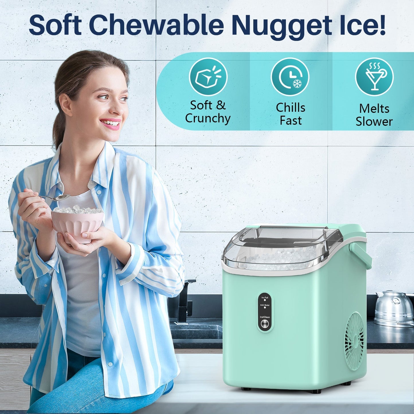 Compact Countertop Nugget Ice Maker, Portable Pebble Ice Machine, Soft Chewable Ice