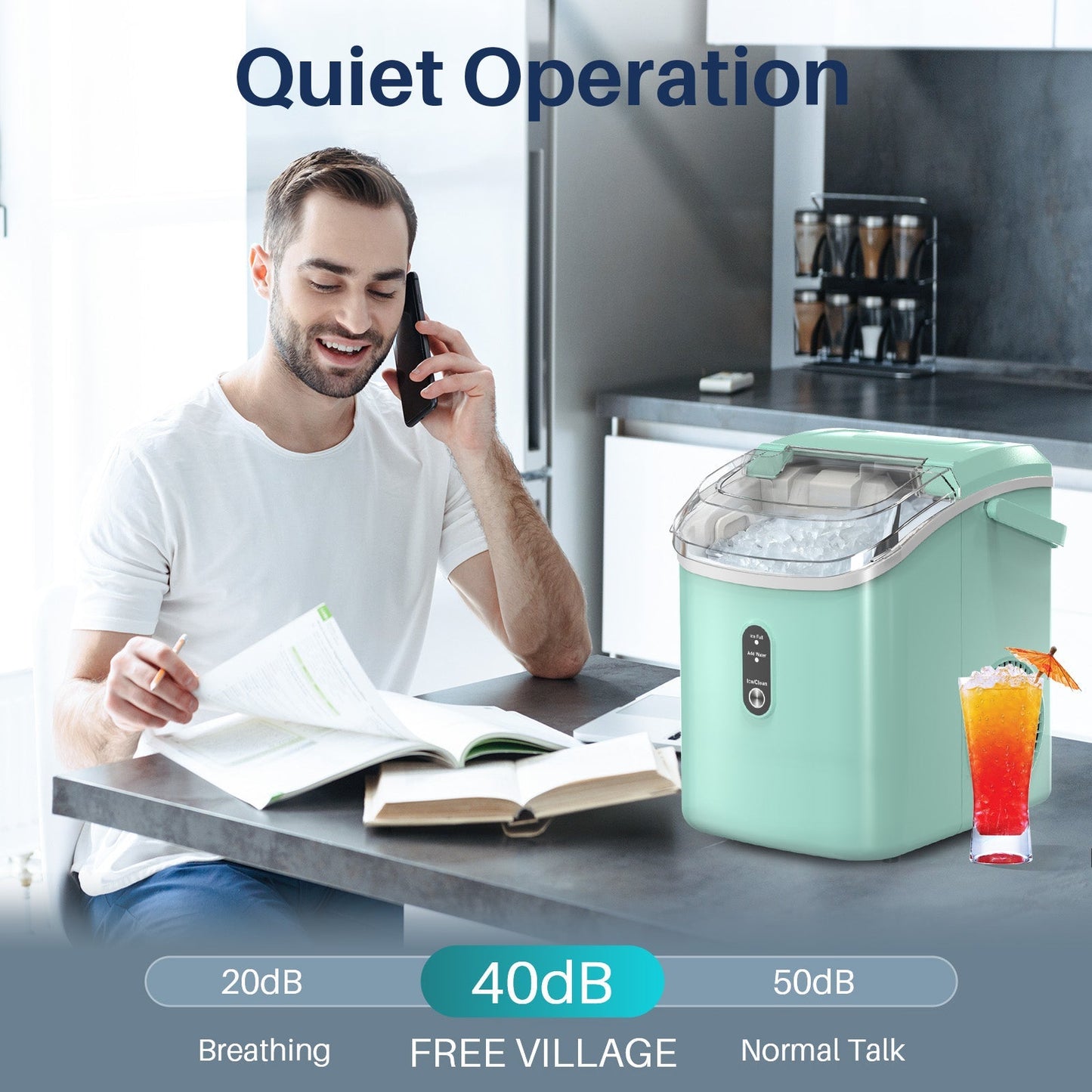 Compact Countertop Nugget Ice Maker, Portable Pebble Ice Machine, Soft Chewable Ice