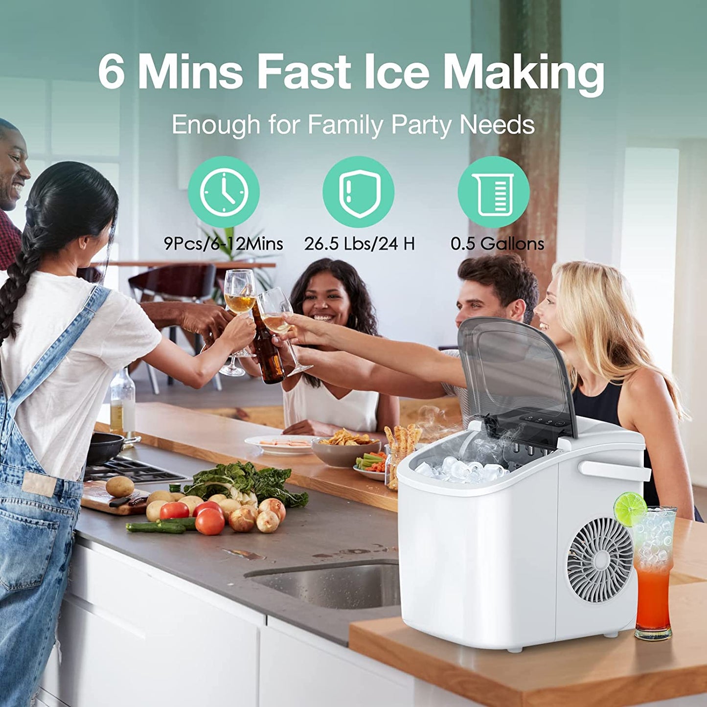 Efficient Countertop Ice Maker: Fast 26 Lbs Daily Production Portable Cube Machine