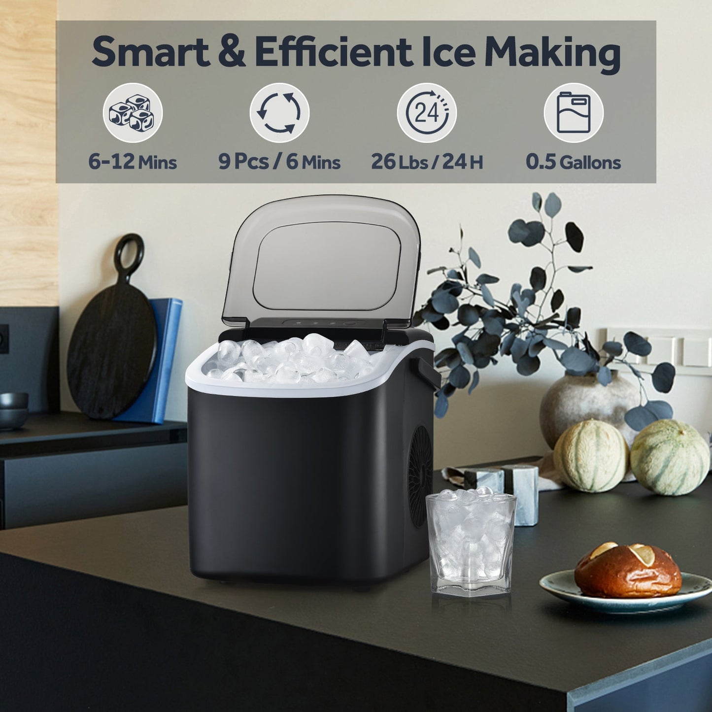 Efficient Countertop Ice Maker: Fast 26 Lbs Daily Production Portable Cube Machine