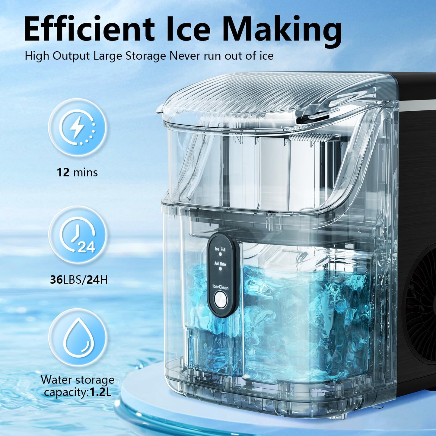Compact Countertop Nugget Ice Maker, Fast Soft Chewable Pellet Ice Machine
