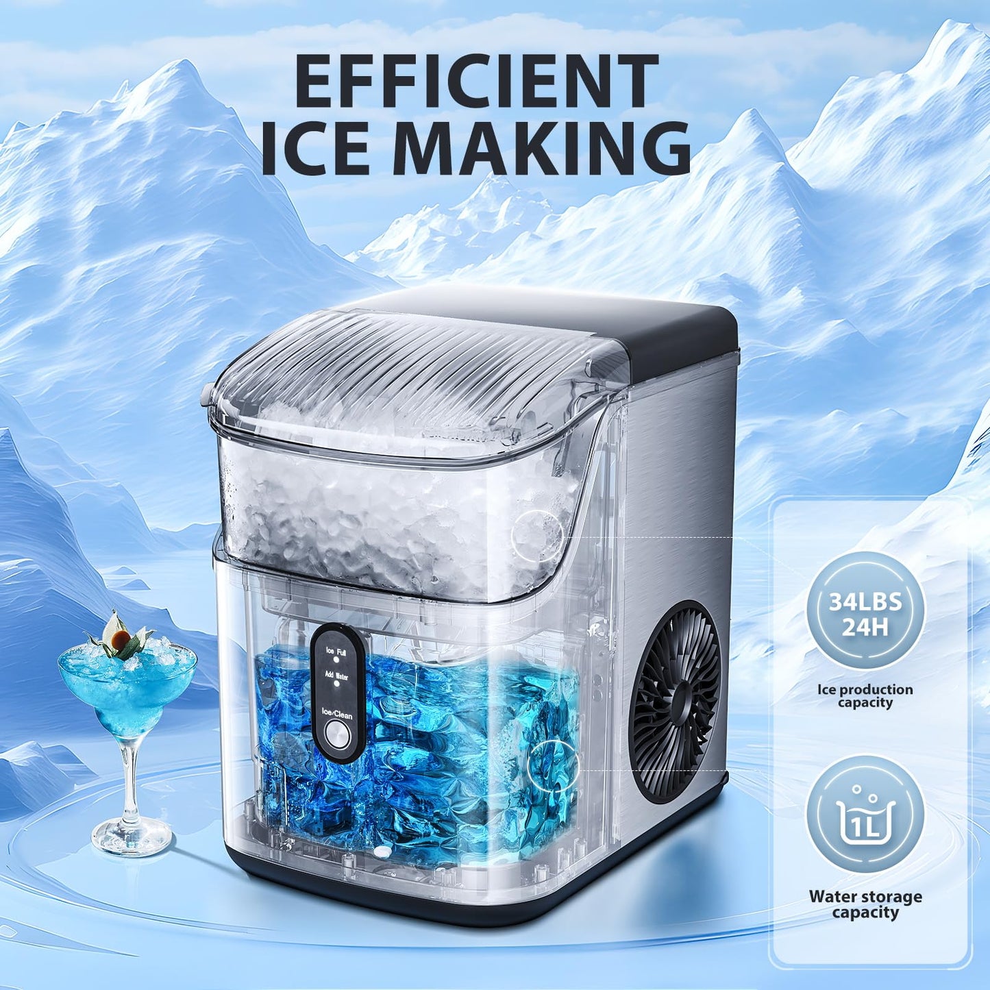 Compact Countertop Nugget Ice Maker, Fast Soft Chewable Pellet Ice Machine