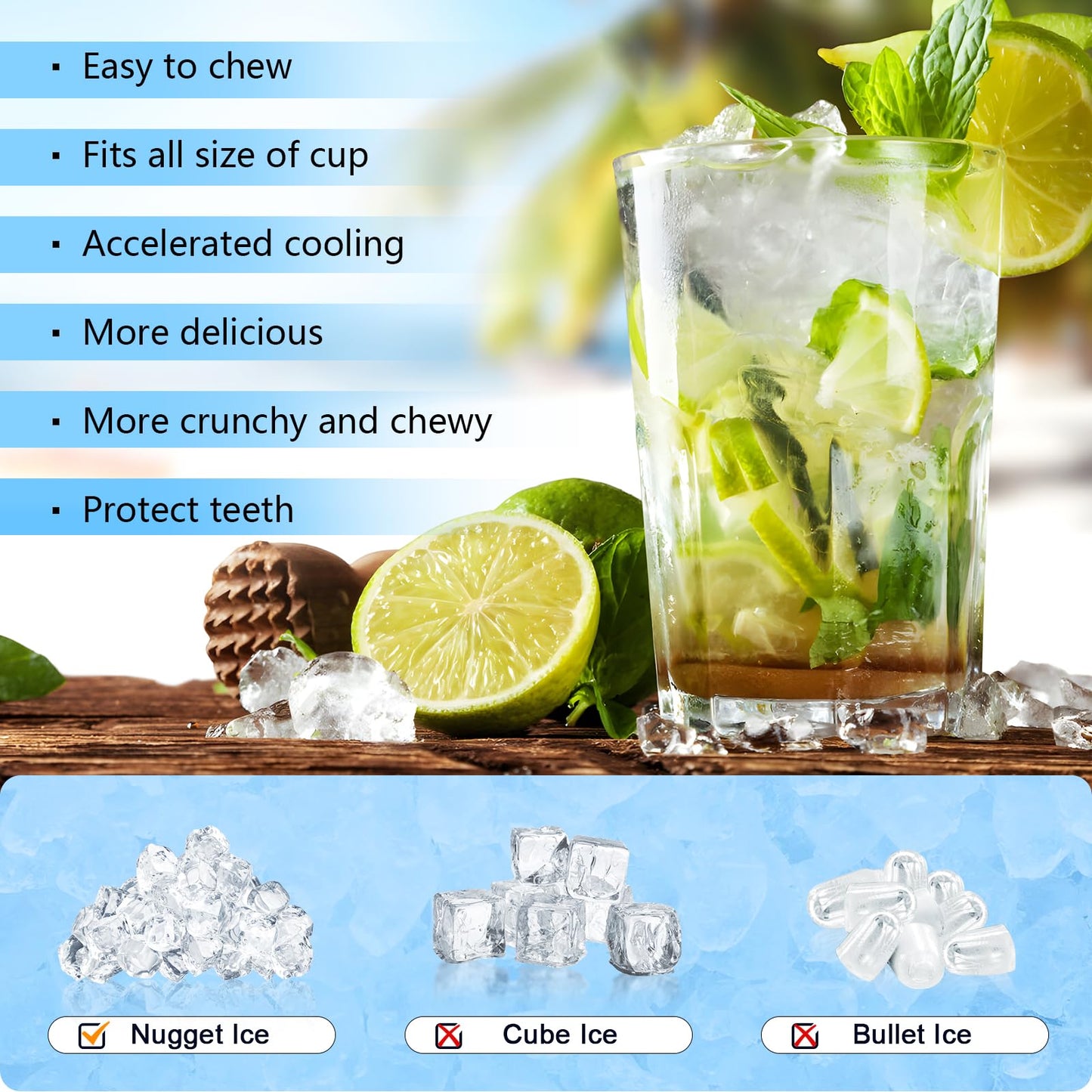 Compact Countertop Nugget Ice Maker, Fast Soft Chewable Pellet Ice Machine