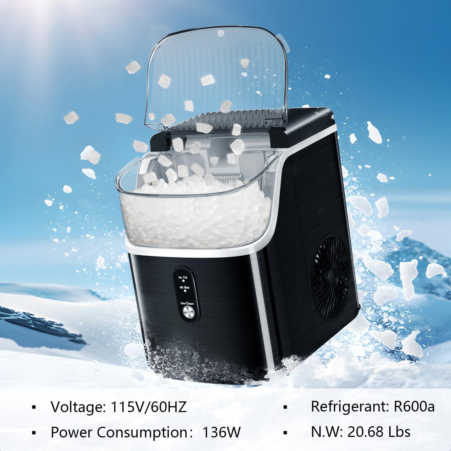Compact Countertop Nugget Ice Maker, Fast Soft Chewable Pellet Ice Machine