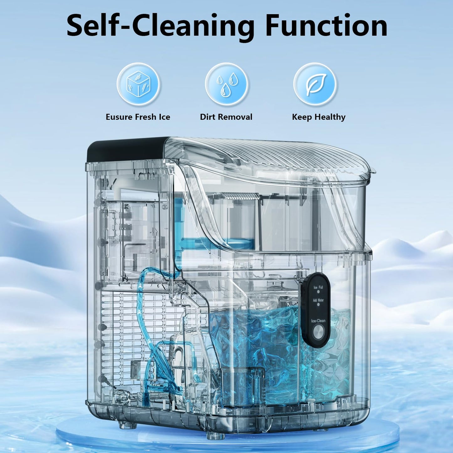Compact Countertop Nugget Ice Maker, Fast Soft Chewable Pellet Ice Machine