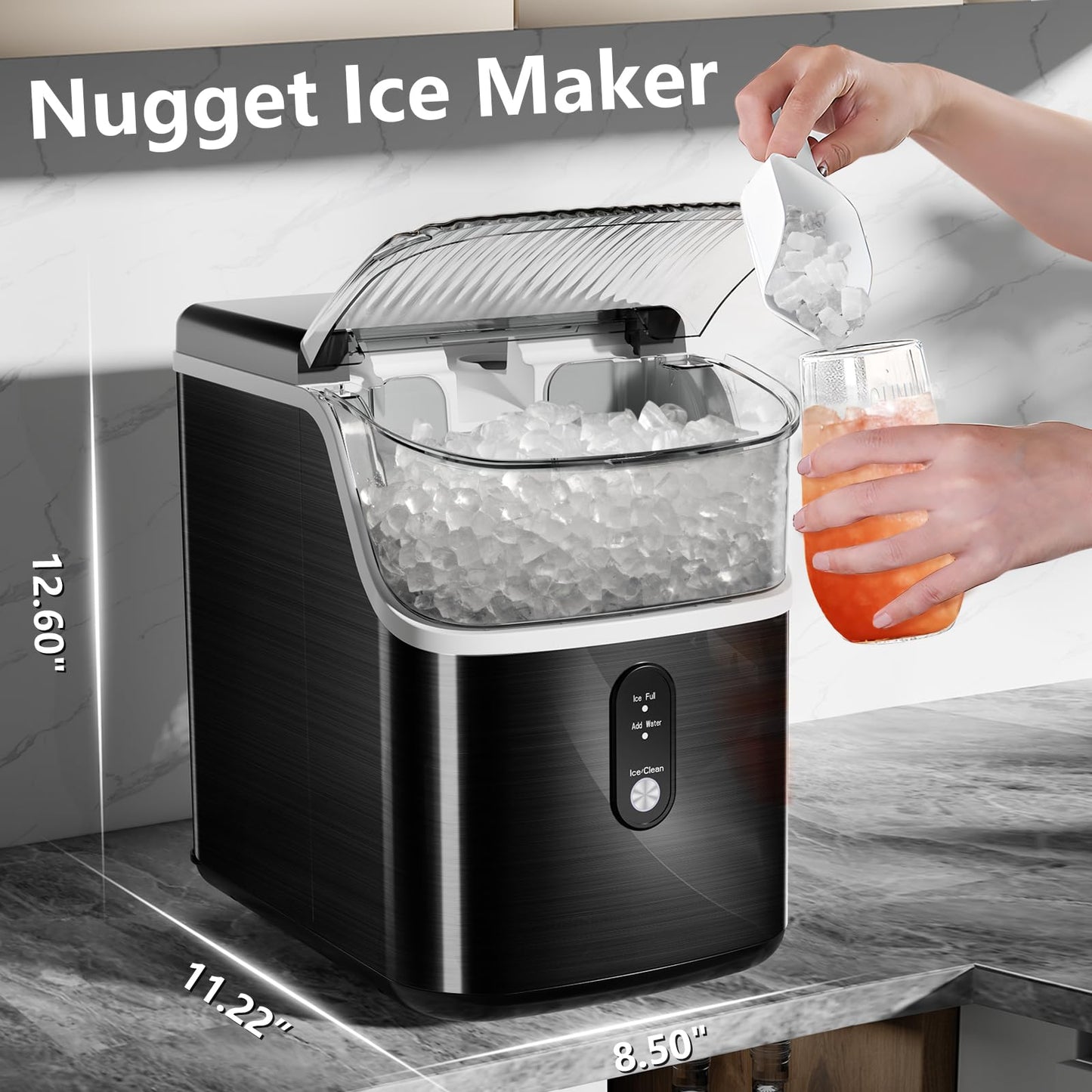 Compact Countertop Nugget Ice Maker, Fast Soft Chewable Pellet Ice Machine