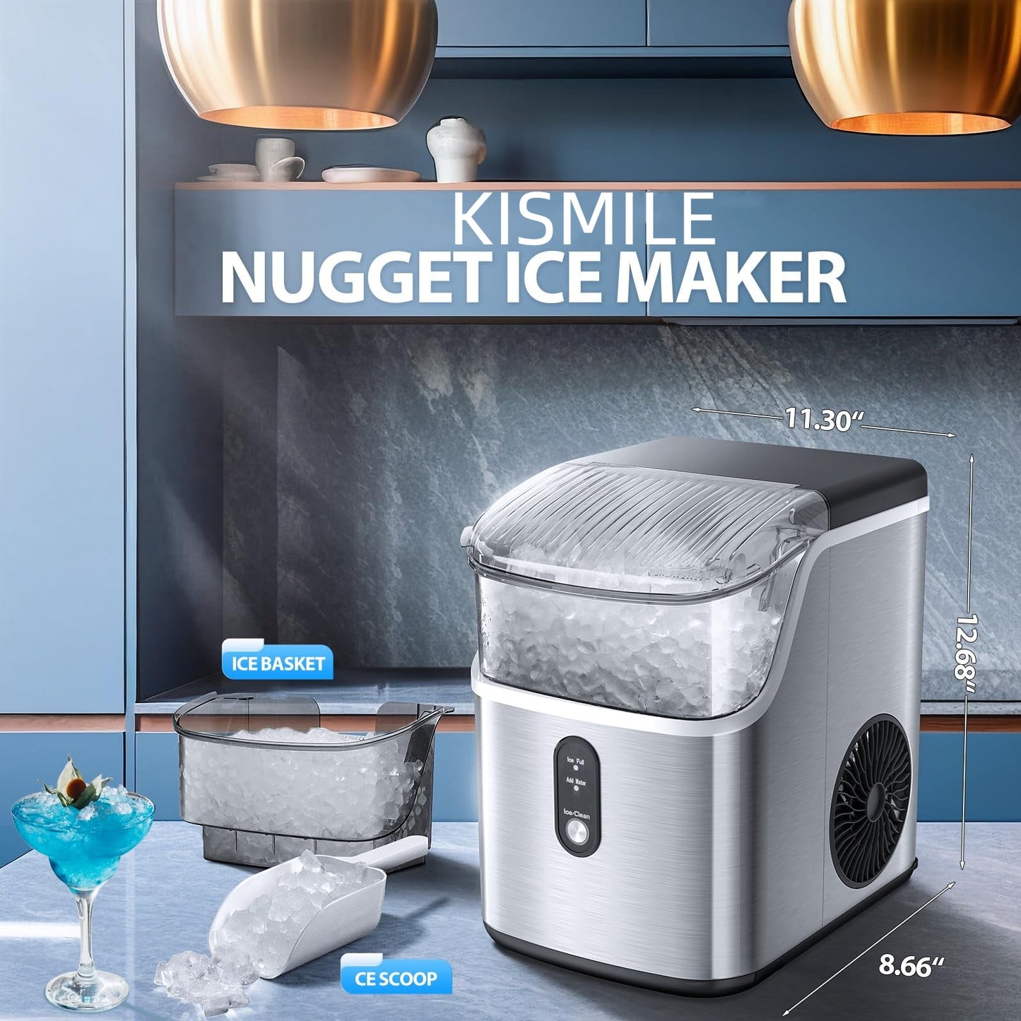 Compact Countertop Nugget Ice Maker, Fast Soft Chewable Pellet Ice Machine