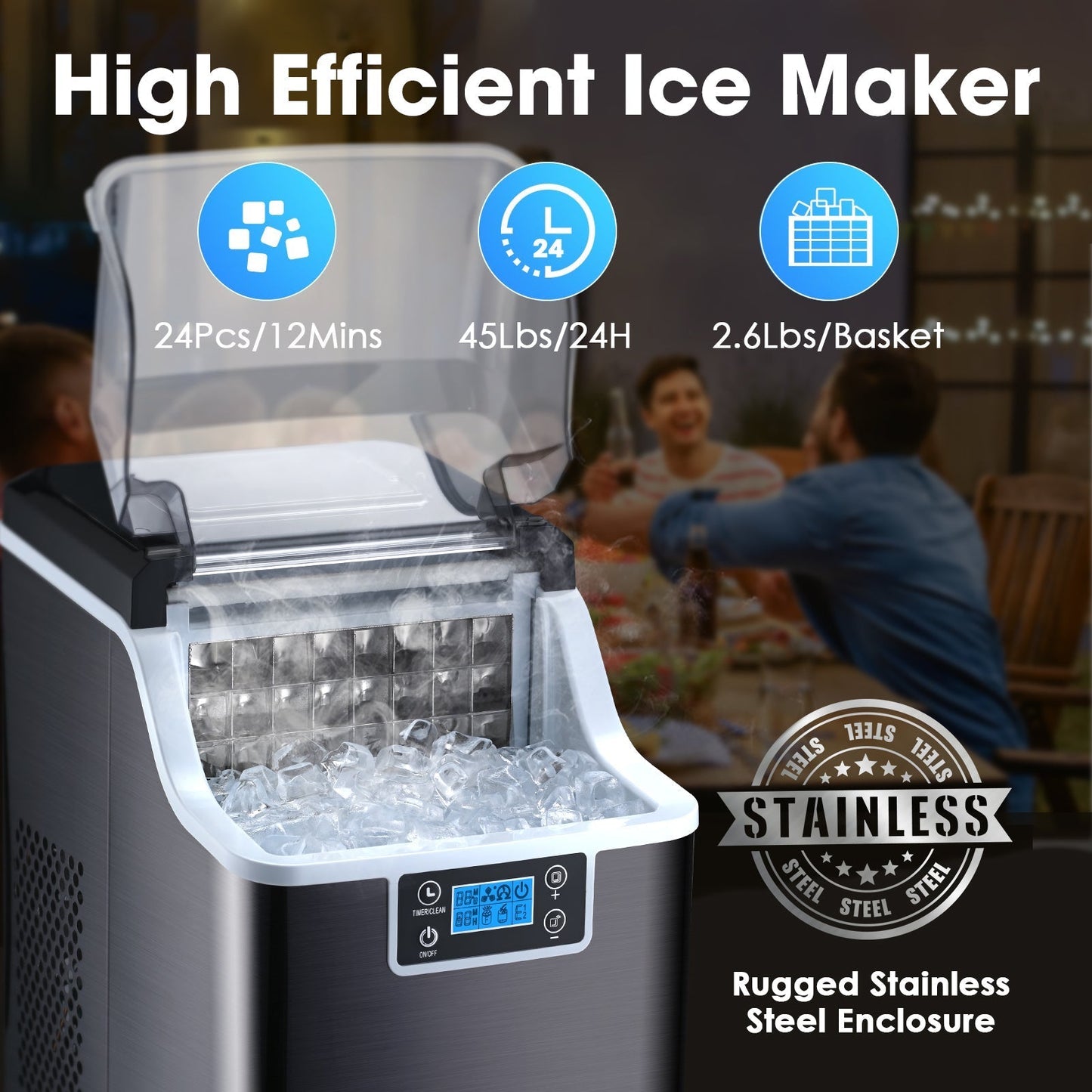 High-Efficiency Countertop Square Cube Ice Maker with Self-Cleaning Feature