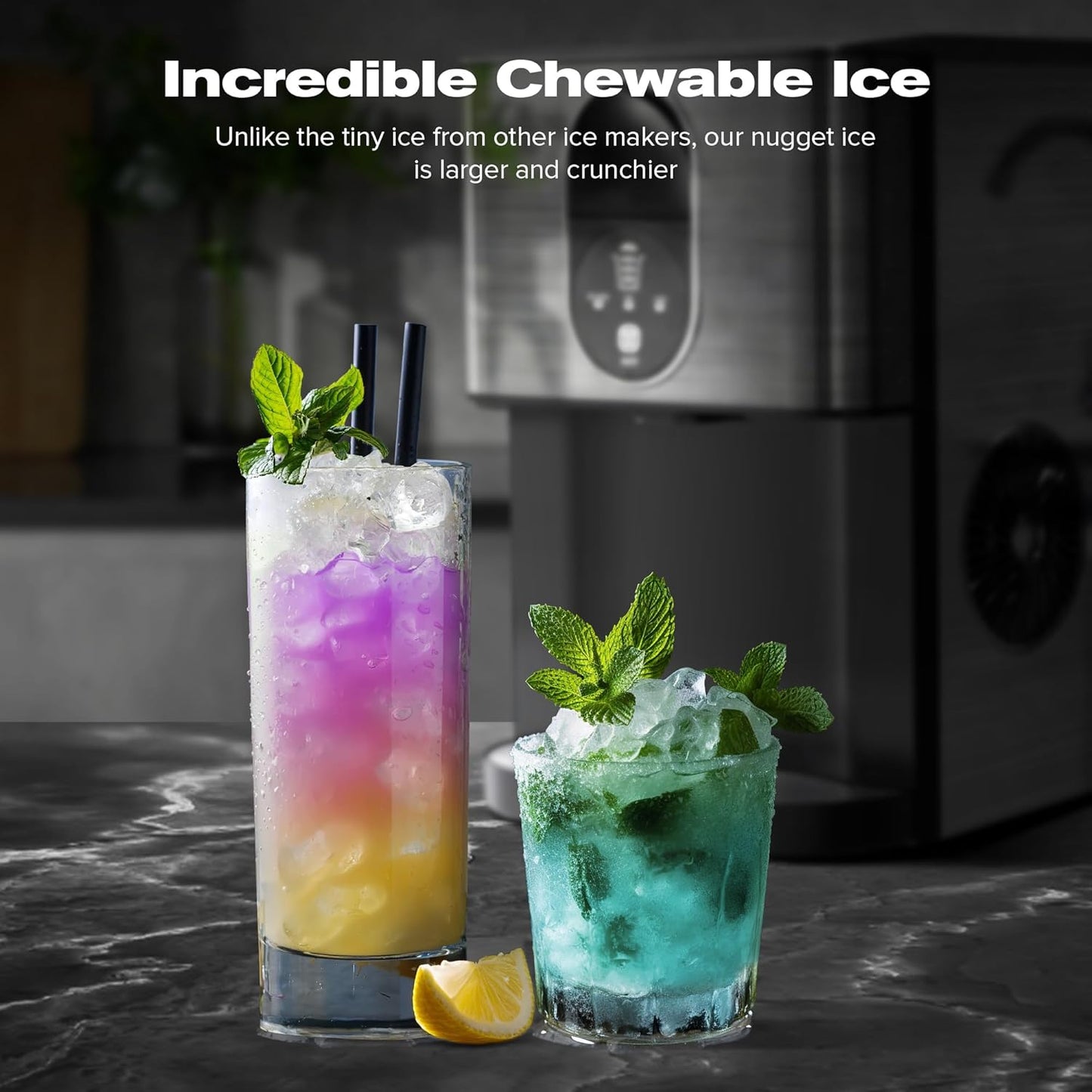 Countertop Nugget Ice Maker, Pebble Ice Machine, Self-Cleaning, 45 lbs Daily Production
