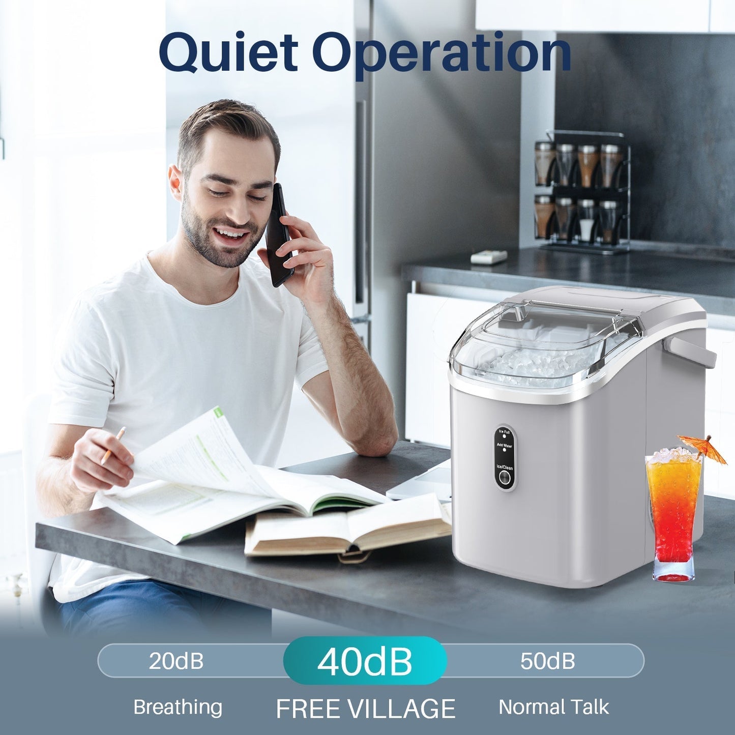 Compact Countertop Nugget Ice Maker, Portable Pebble Ice Machine, Soft Chewable Ice