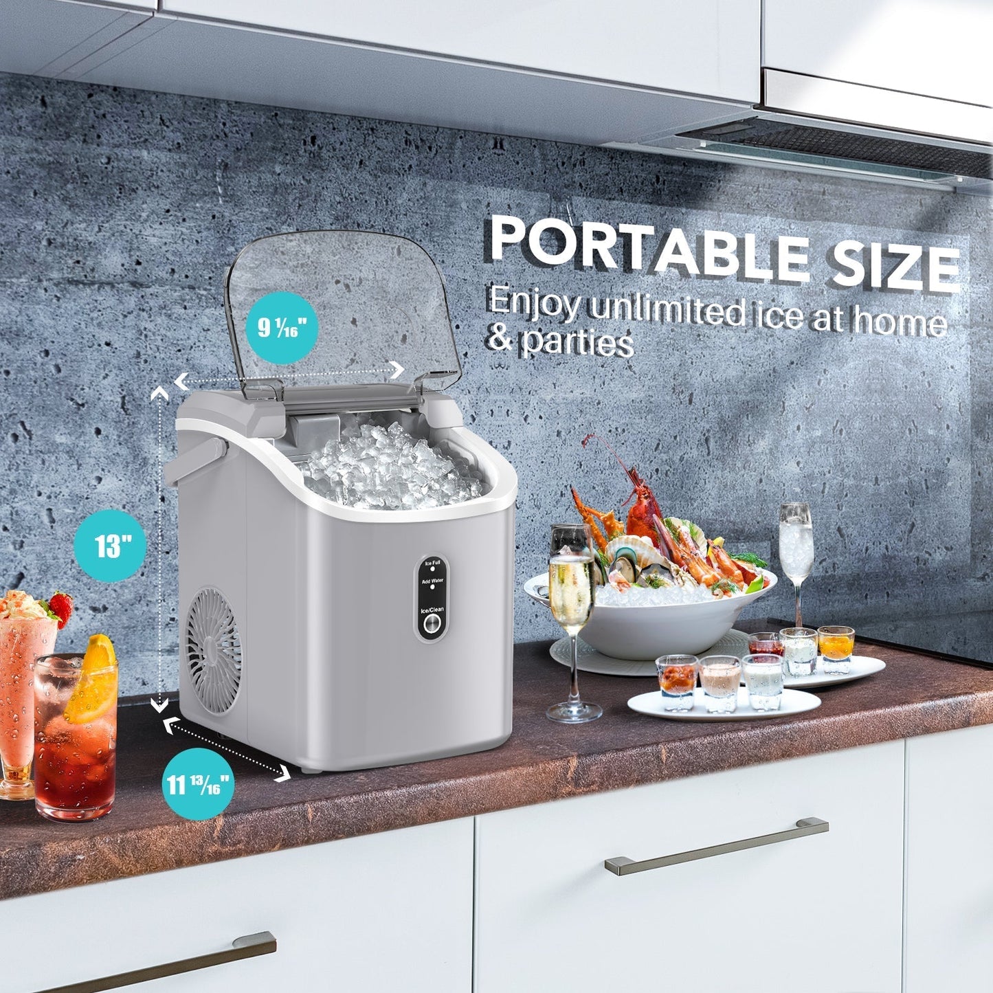 Compact Countertop Nugget Ice Maker, Portable Pebble Ice Machine, Soft Chewable Ice