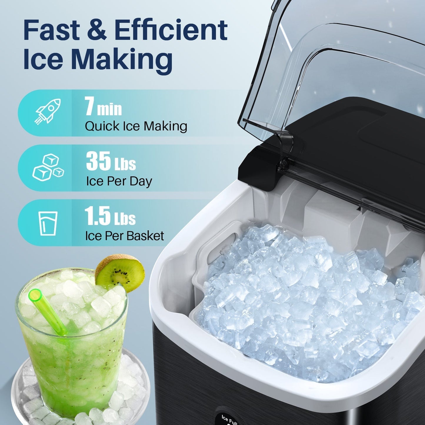 Compact Countertop Nugget Ice Maker, Portable Pebble Ice Machine, Soft Chewable Ice