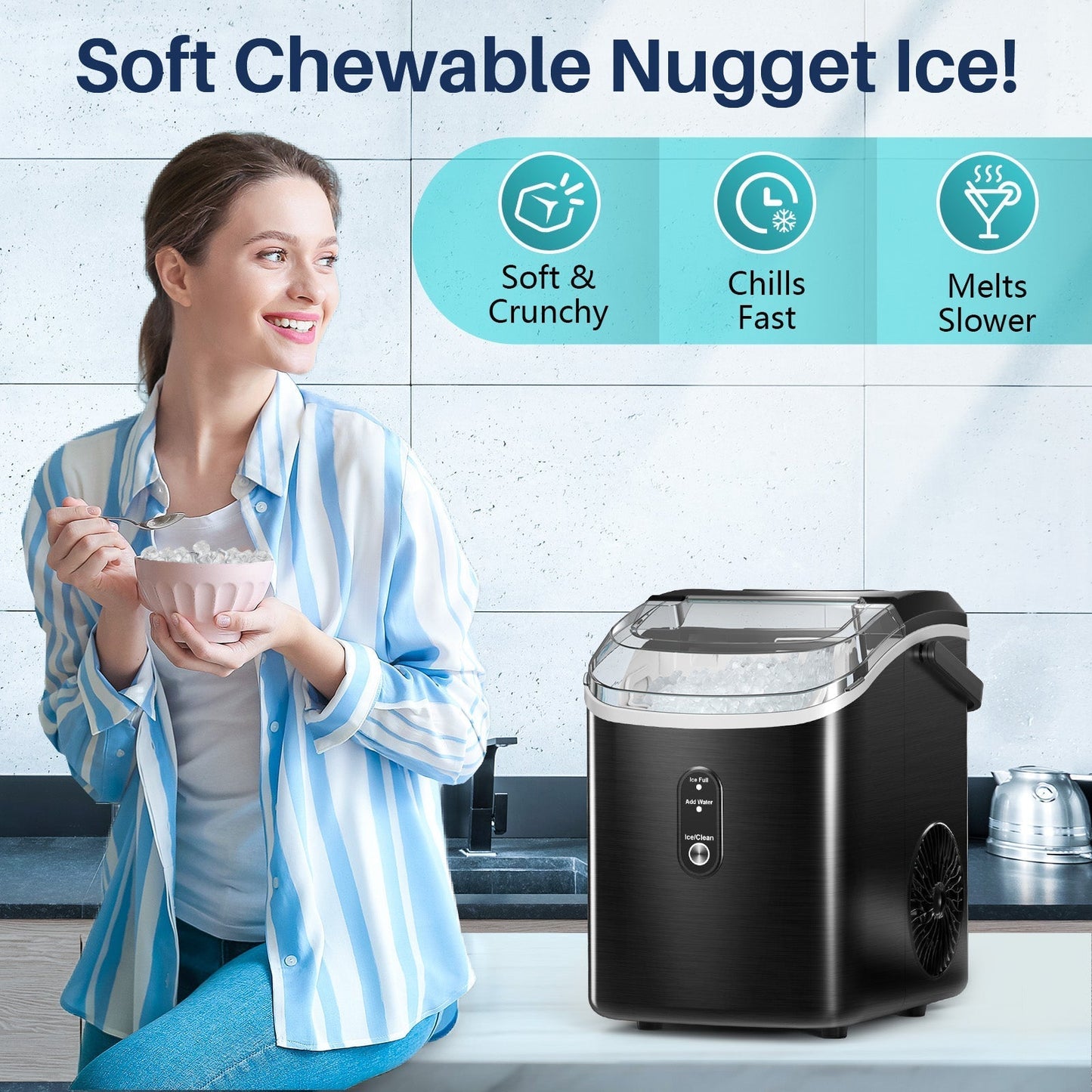 Compact Countertop Nugget Ice Maker, Portable Pebble Ice Machine, Soft Chewable Ice