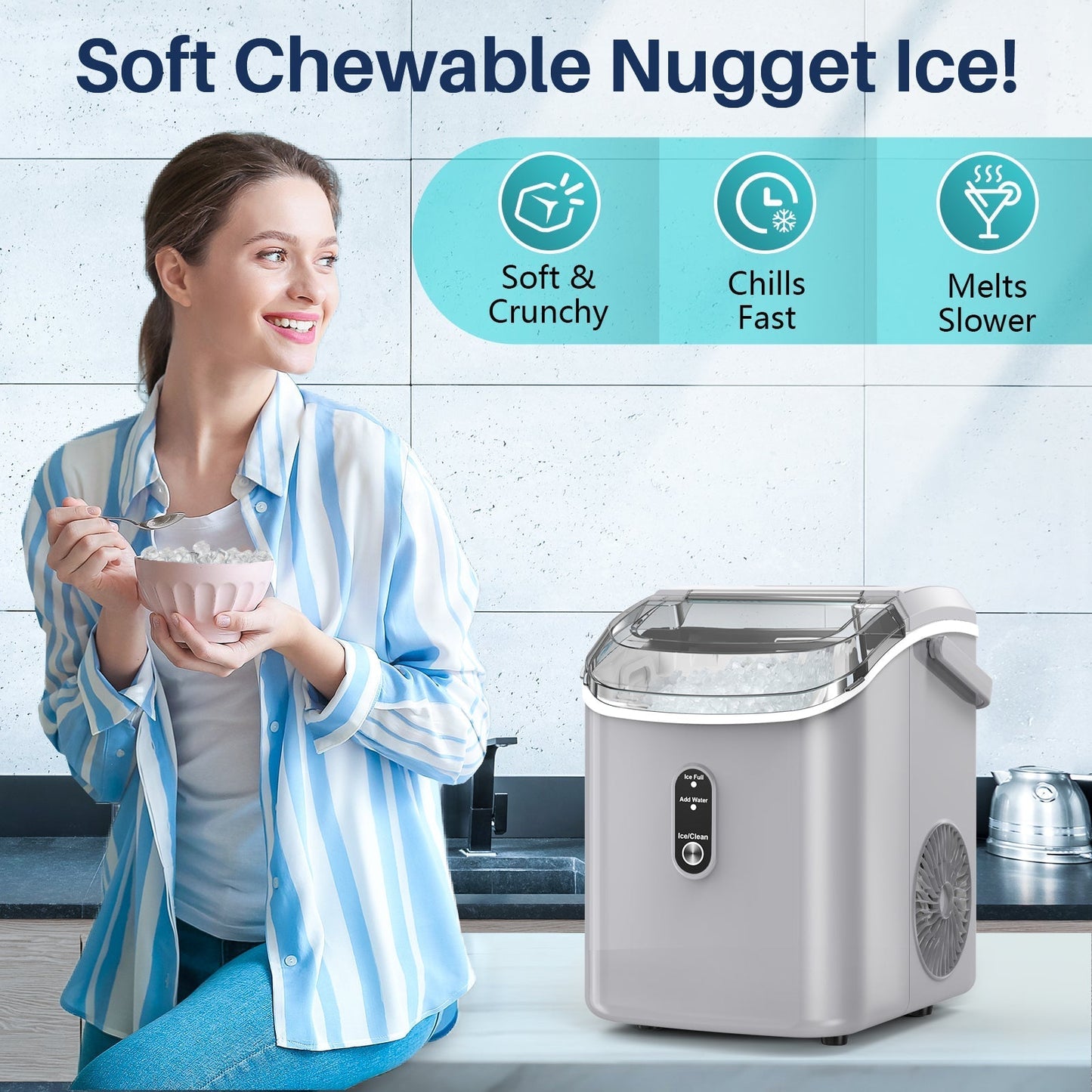 Compact Countertop Nugget Ice Maker, Portable Pebble Ice Machine, Soft Chewable Ice