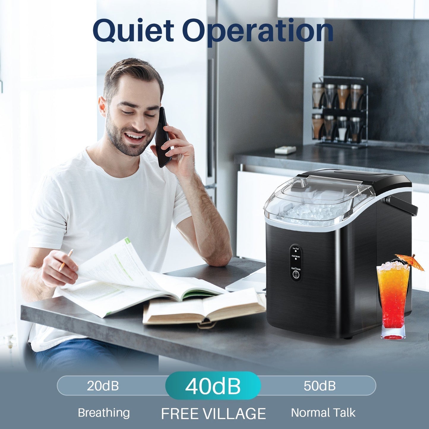 Compact Countertop Nugget Ice Maker, Portable Pebble Ice Machine, Soft Chewable Ice