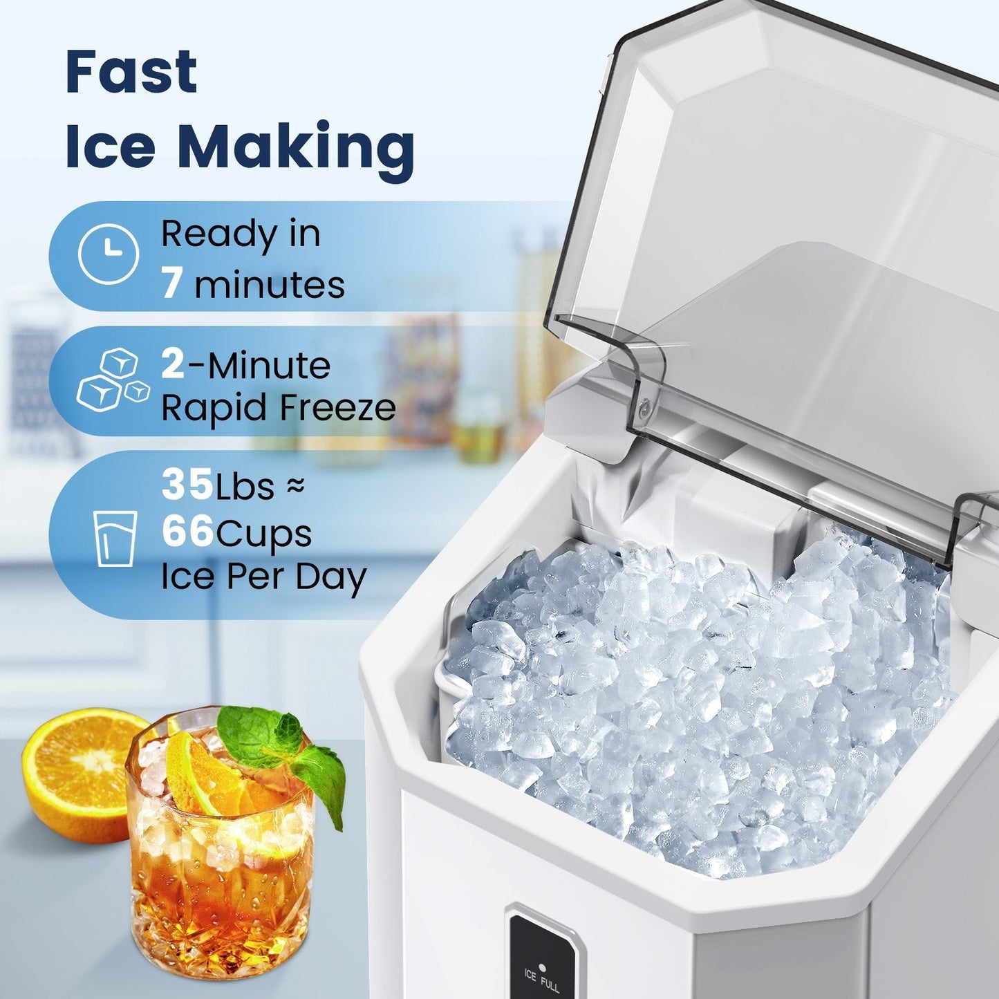 Countertop Nugget Pebble Ice Machine: Fast Production, Soft Chewy Ice, Self-Cleaning