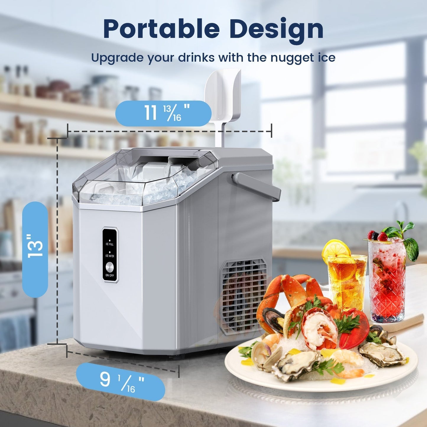 Countertop Nugget Pebble Ice Machine: Fast Production, Soft Chewy Ice, Self-Cleaning