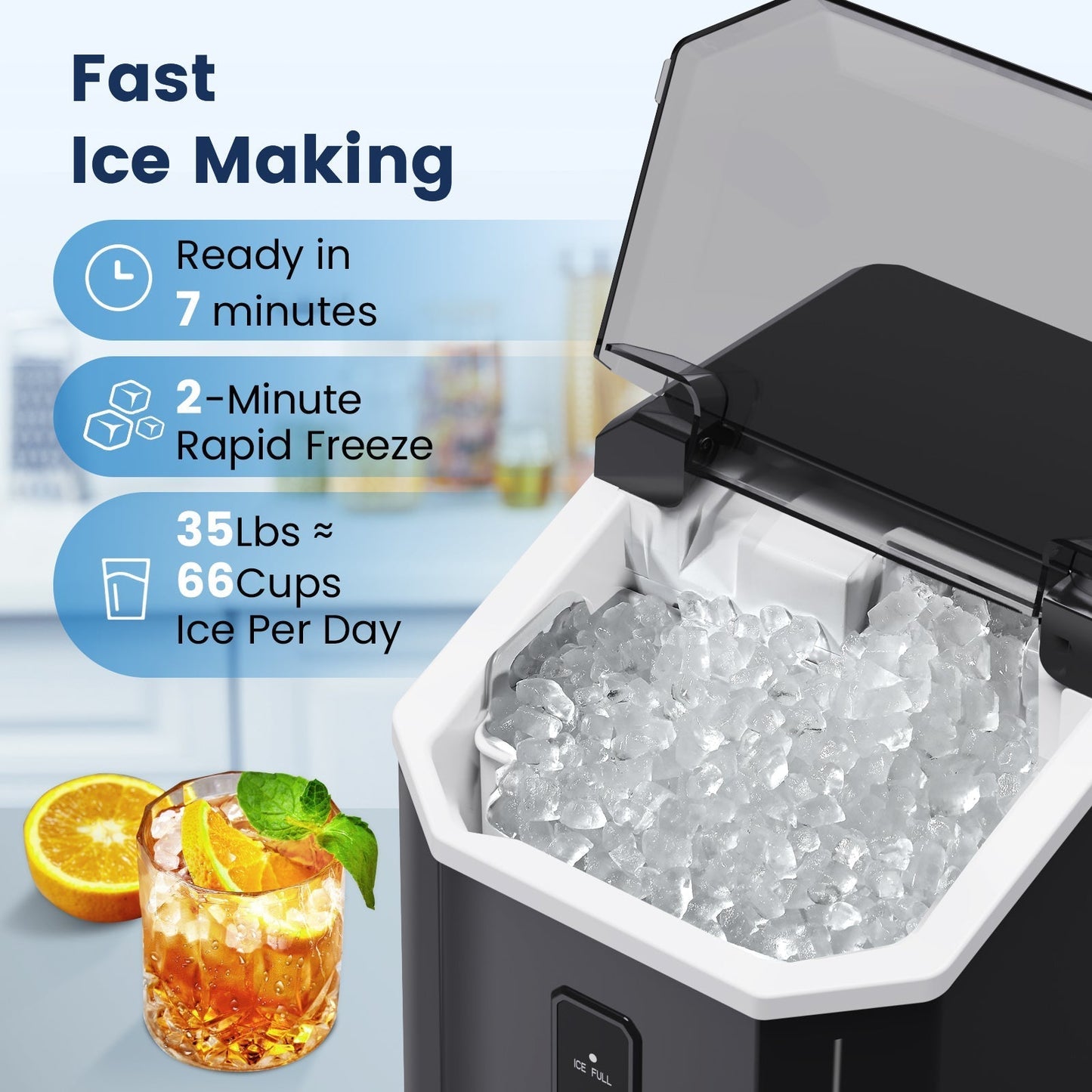 Countertop Nugget Pebble Ice Machine: Fast Production, Soft Chewy Ice, Self-Cleaning