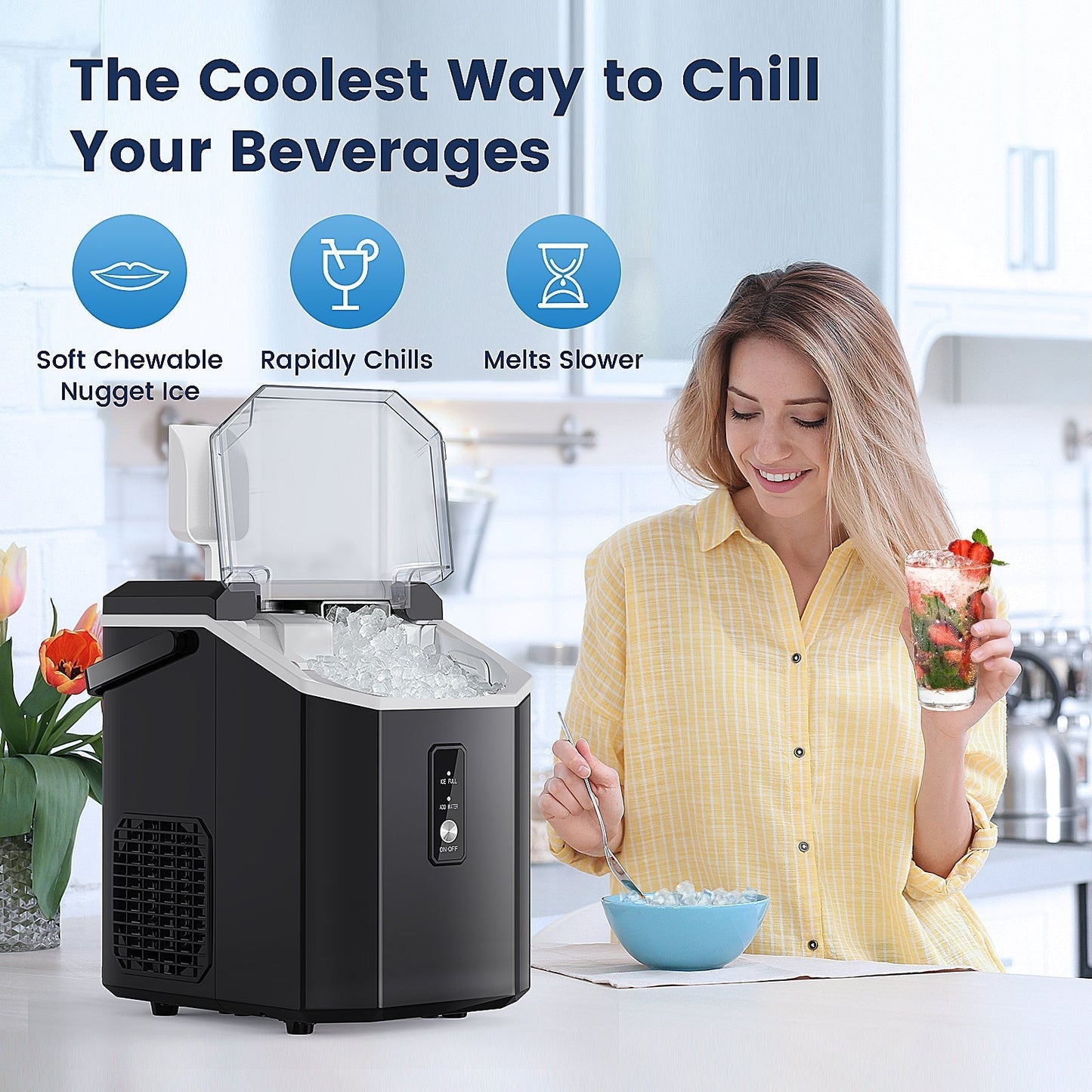 Countertop Nugget Pebble Ice Machine: Fast Production, Soft Chewy Ice, Self-Cleaning