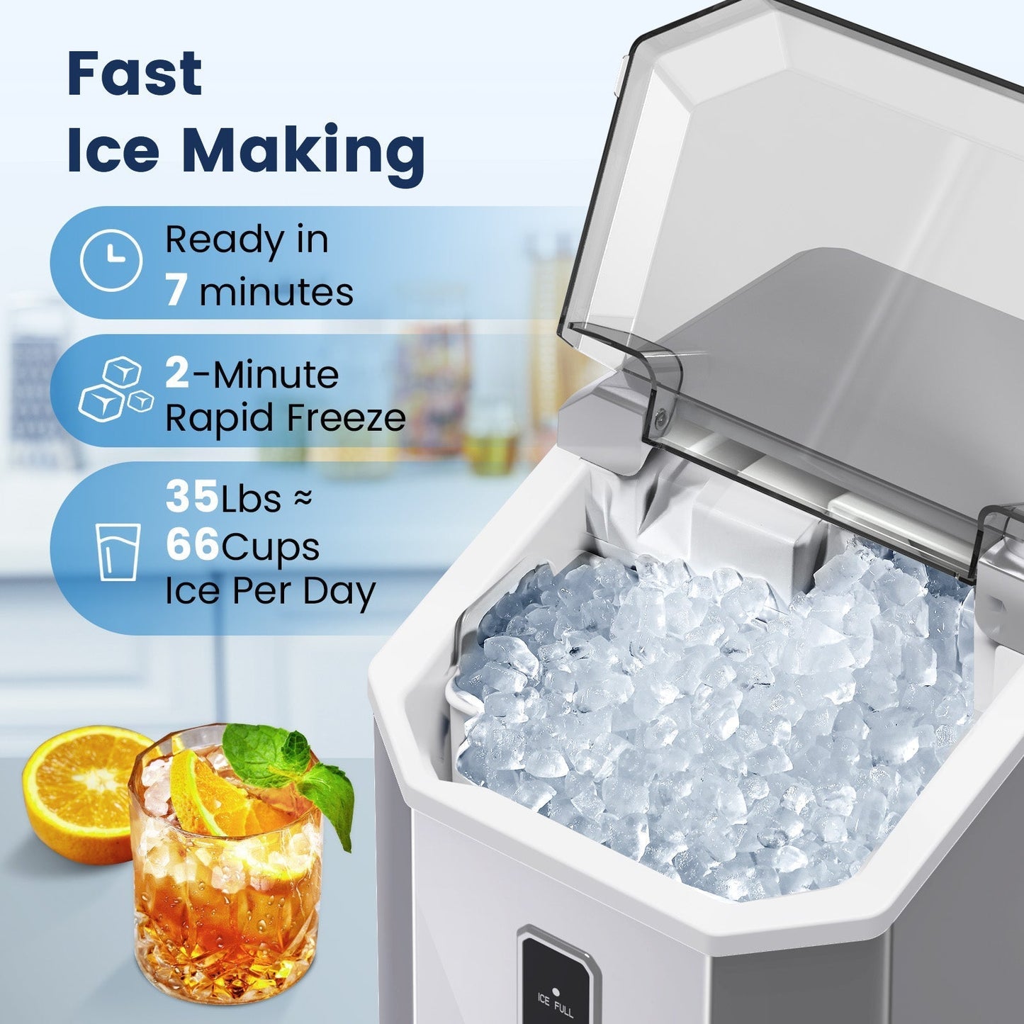 Countertop Nugget Pebble Ice Machine: Fast Production, Soft Chewy Ice, Self-Cleaning