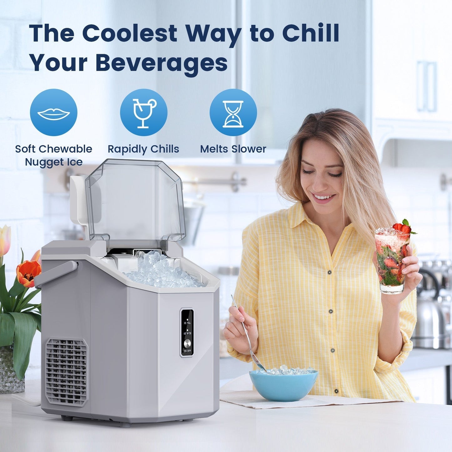 Countertop Nugget Pebble Ice Machine: Fast Production, Soft Chewy Ice, Self-Cleaning