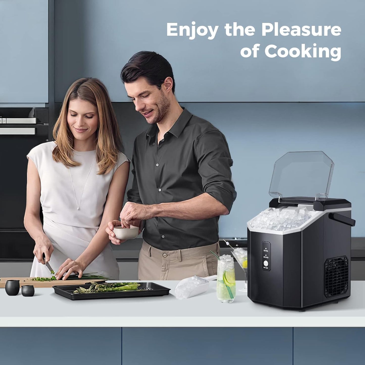 Countertop Nugget Pebble Ice Machine: Fast Production, Soft Chewy Ice, Self-Cleaning