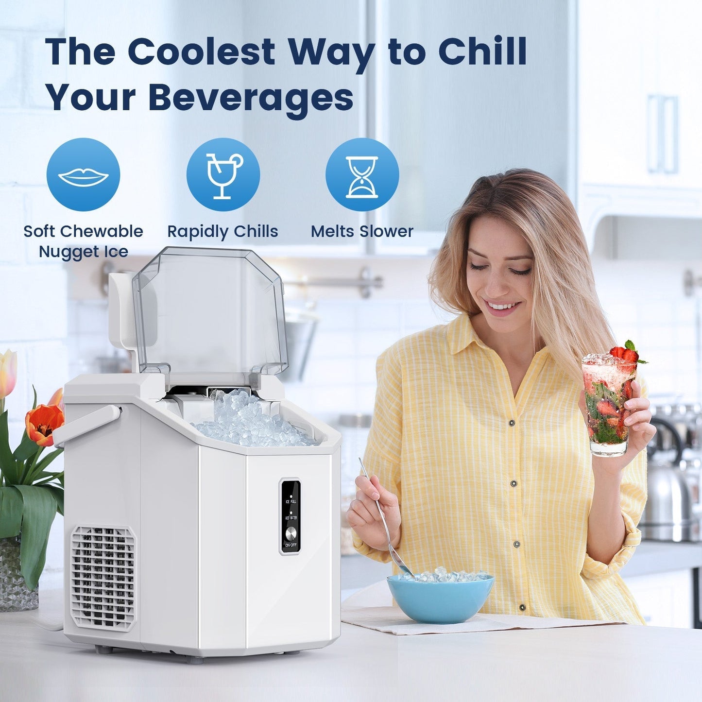 Countertop Nugget Pebble Ice Machine: Fast Production, Soft Chewy Ice, Self-Cleaning