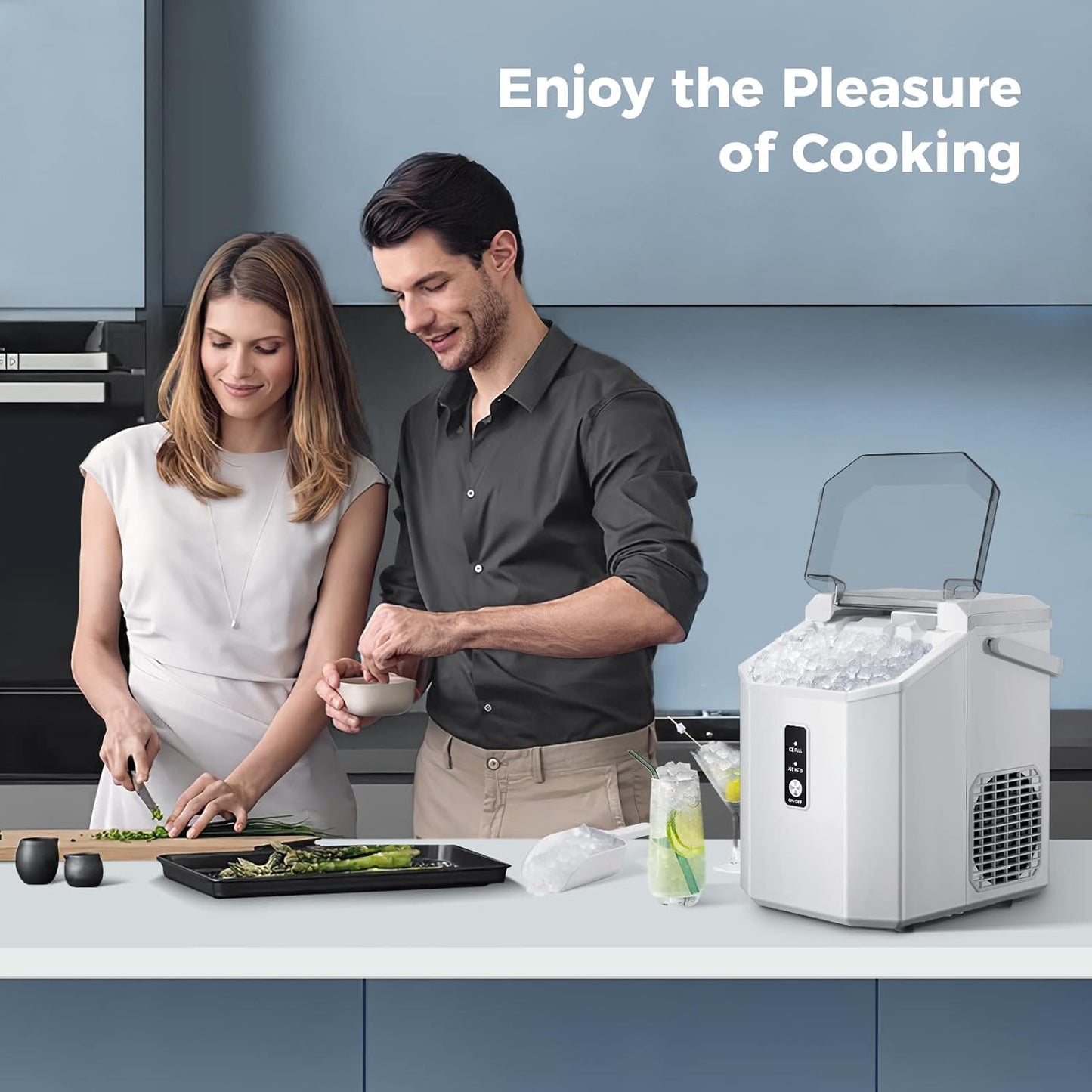 Countertop Nugget Pebble Ice Machine: Fast Production, Soft Chewy Ice, Self-Cleaning