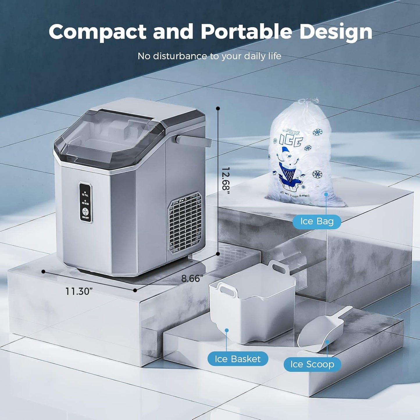 Countertop Nugget Pebble Ice Machine: Fast Production, Soft Chewy Ice, Self-Cleaning