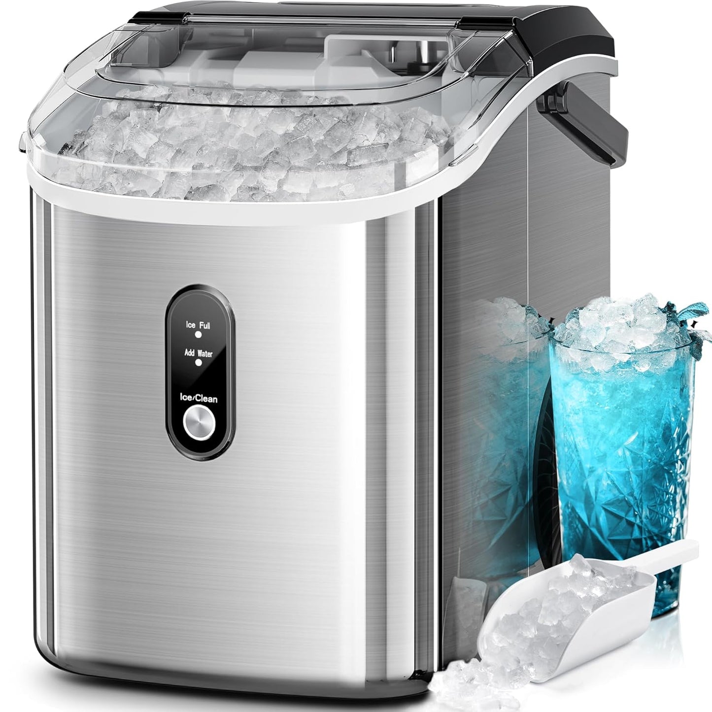 Compact Stainless Steel Nugget Ice Maker, Fast 33lb Daily Production, Self-Cleaning