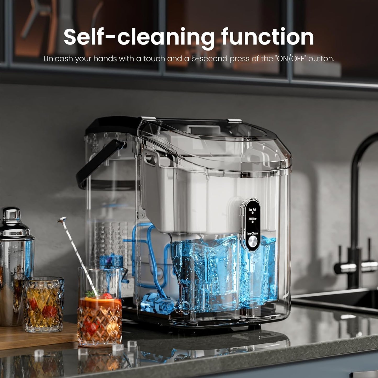 Compact Stainless Steel Nugget Ice Maker, Fast 33lb Daily Production, Self-Cleaning