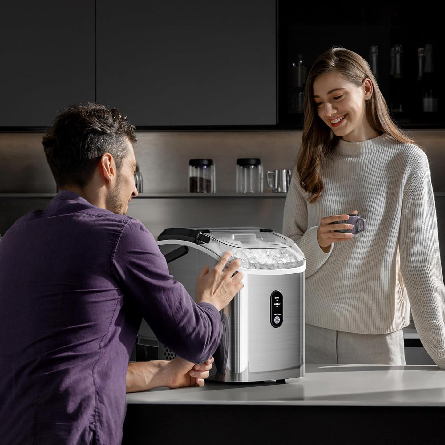 Compact Stainless Steel Nugget Ice Maker, Fast 33lb Daily Production, Self-Cleaning