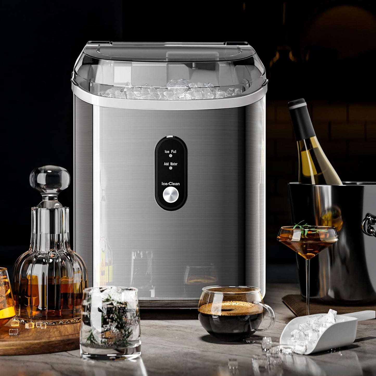 Compact Stainless Steel Nugget Ice Maker, Fast 33lb Daily Production, Self-Cleaning