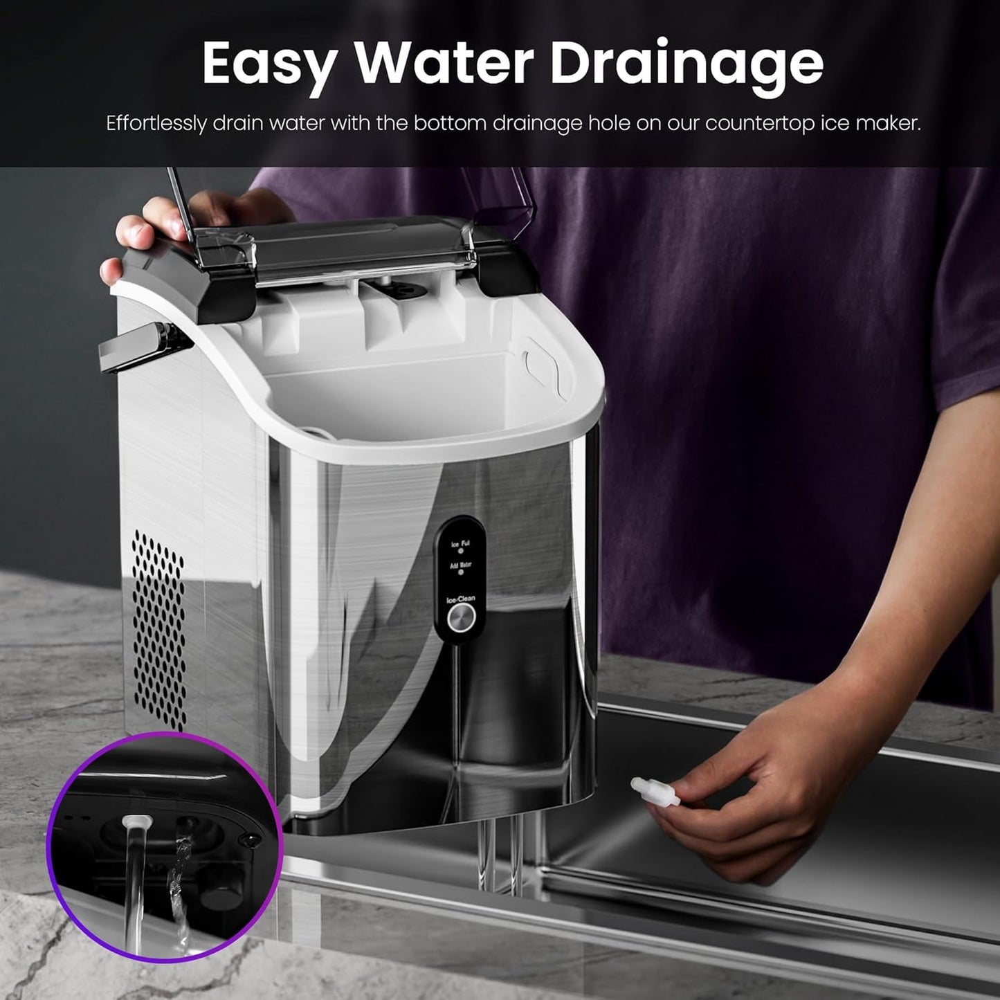 Compact Stainless Steel Nugget Ice Maker, Fast 33lb Daily Production, Self-Cleaning