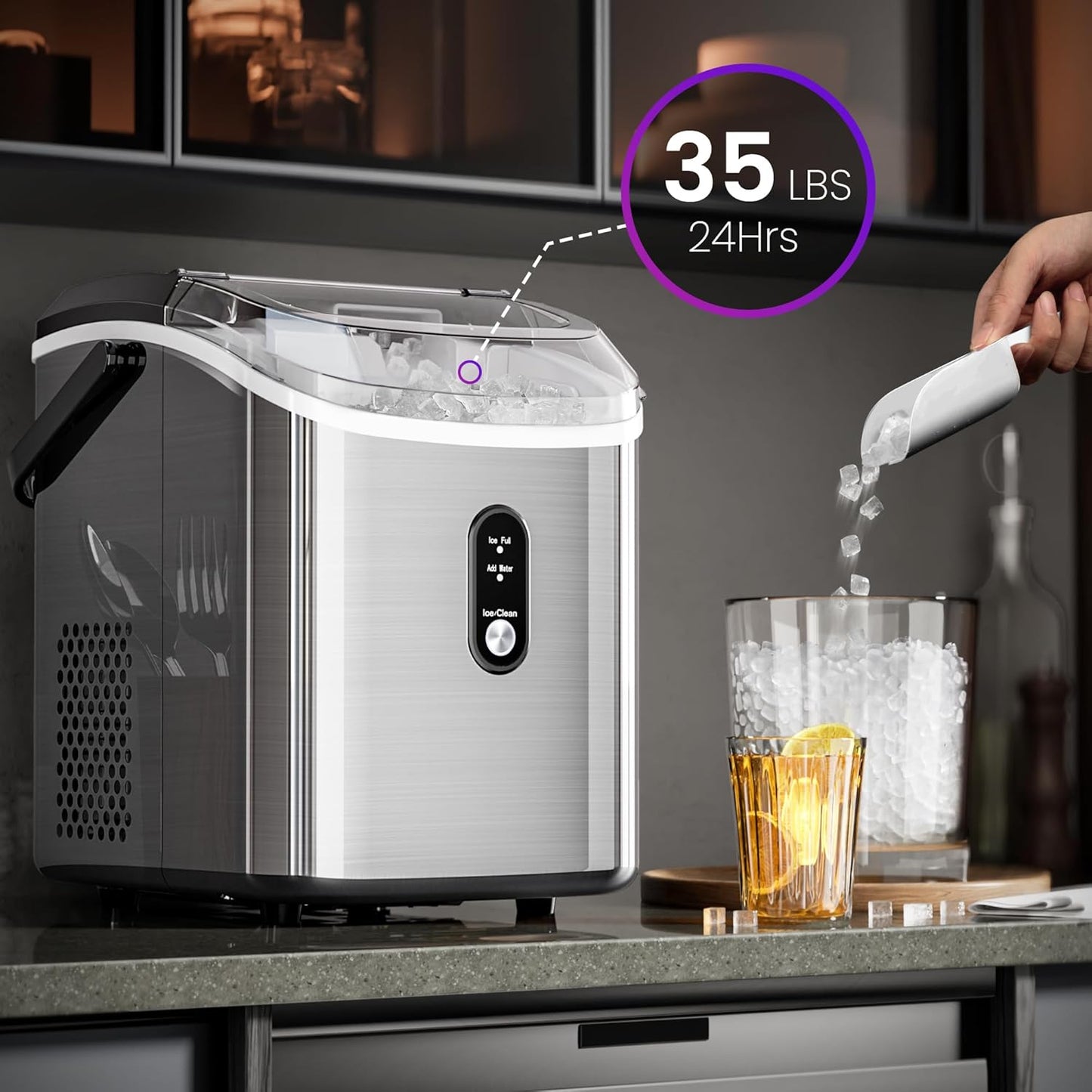 Compact Stainless Steel Nugget Ice Maker, Fast 33lb Daily Production, Self-Cleaning