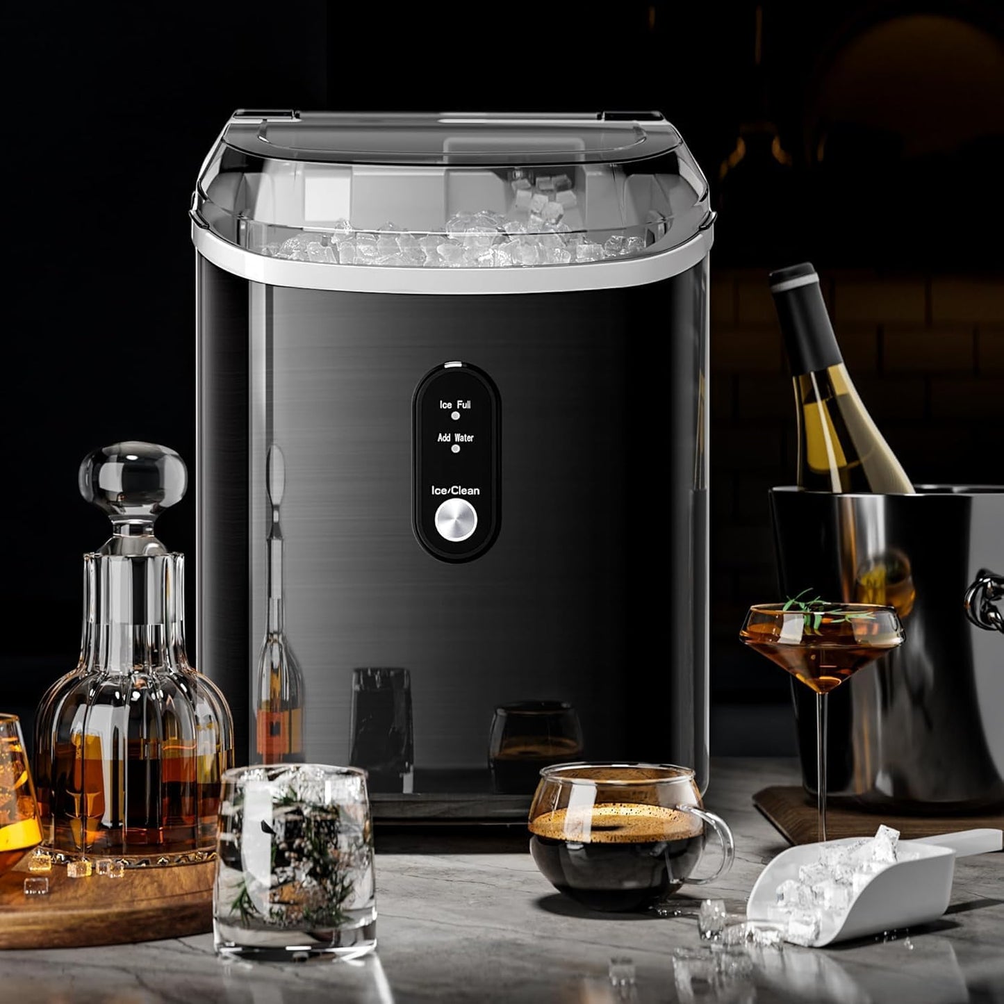 Compact Stainless Steel Nugget Ice Maker, Fast 33lb Daily Production, Self-Cleaning