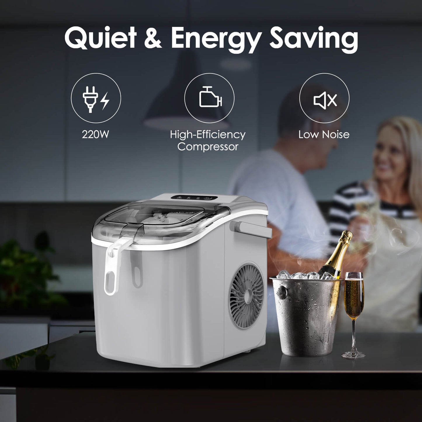 Efficient Portable Countertop Ice Maker with Handle, Rapid Bullet Ice, Self-Cleaning