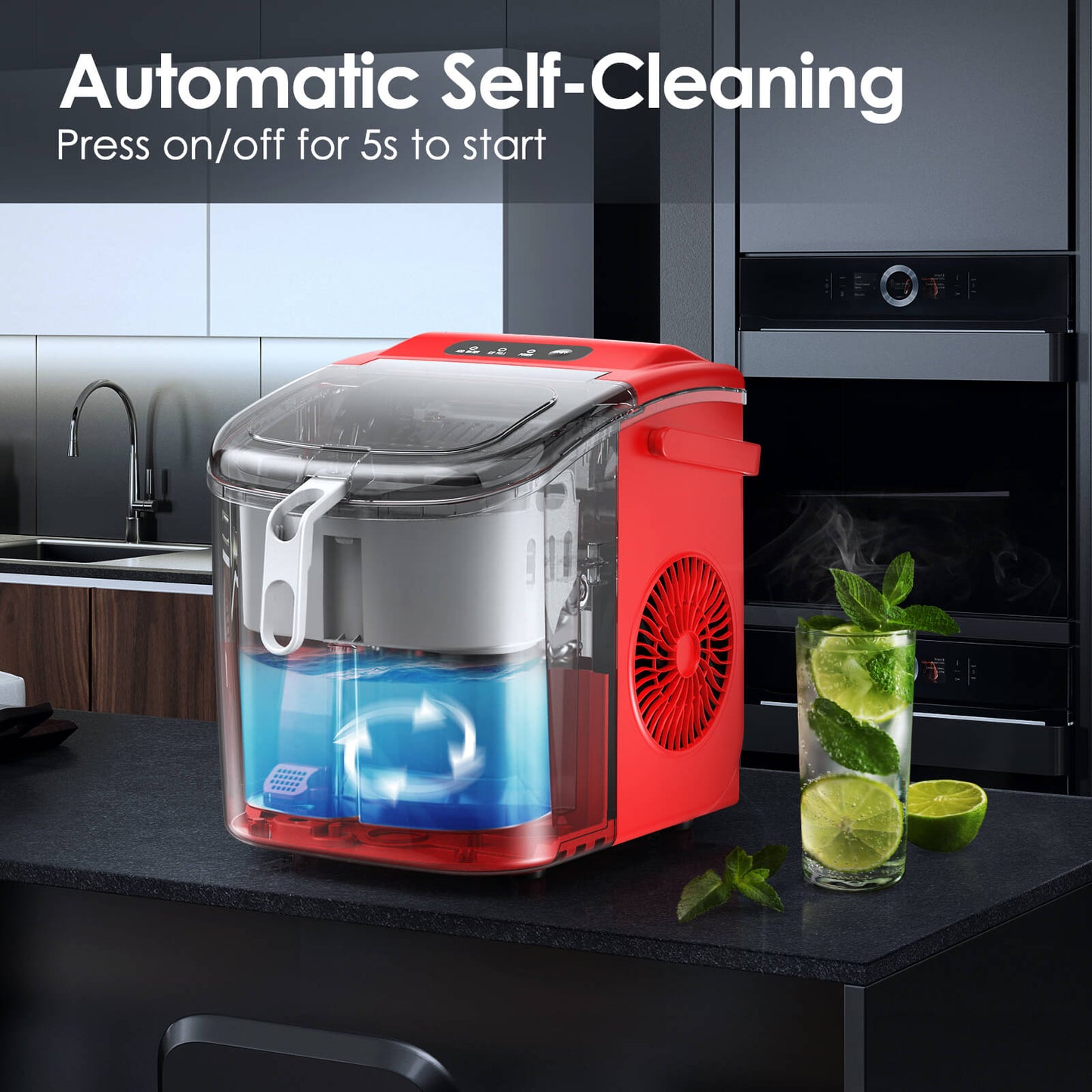 Efficient Portable Countertop Ice Maker with Handle, Rapid Bullet Ice, Self-Cleaning