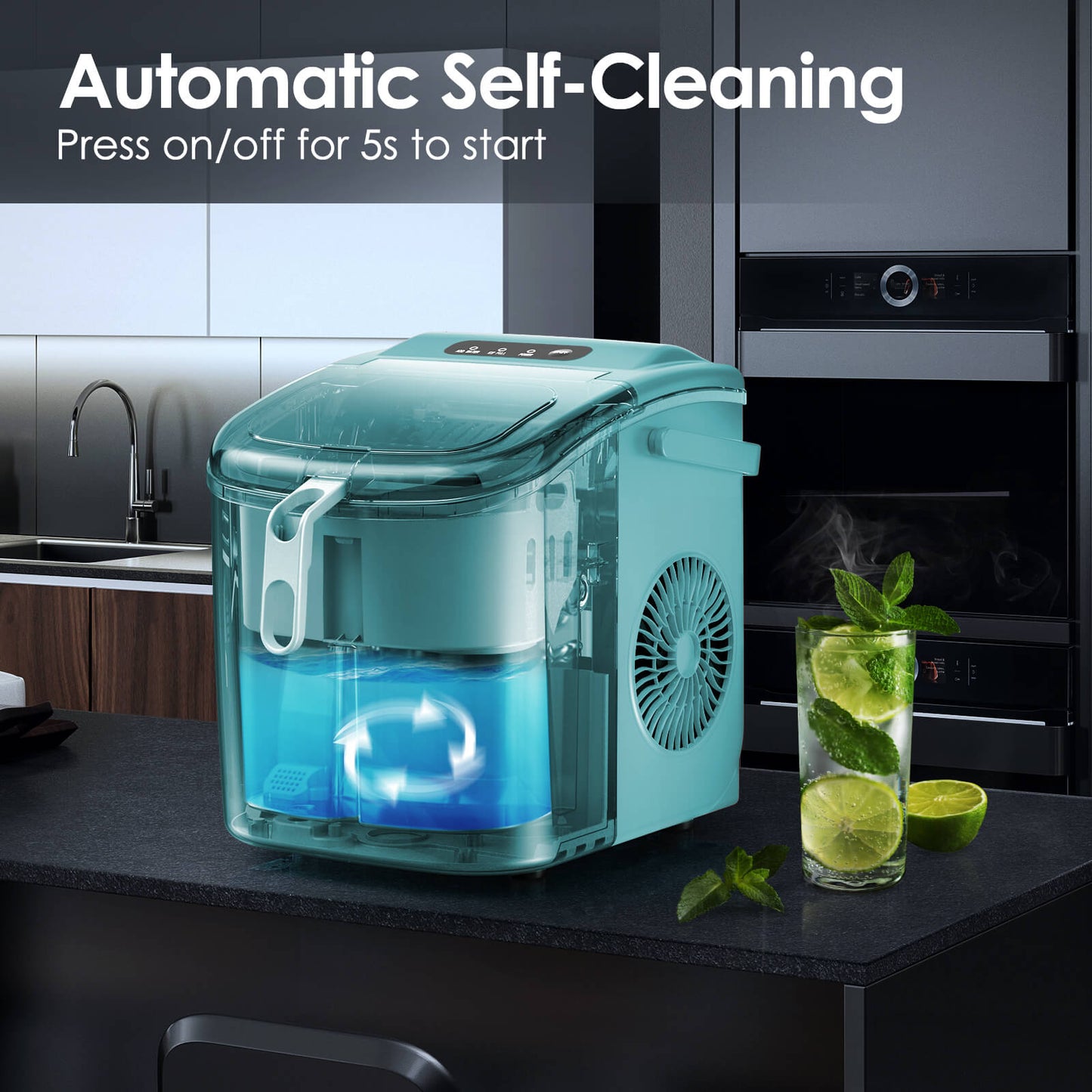 Efficient Portable Countertop Ice Maker with Handle, Rapid Bullet Ice, Self-Cleaning