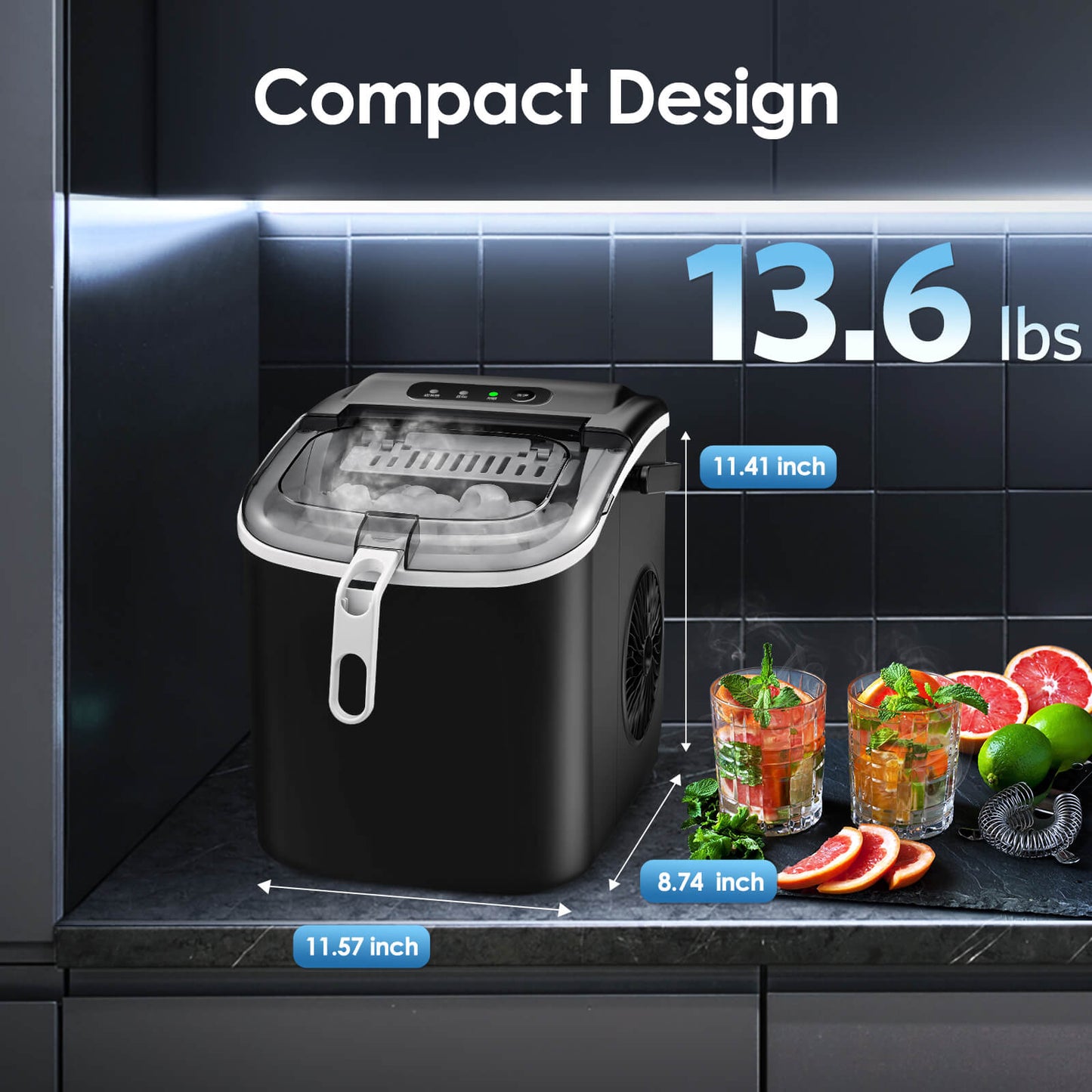 Efficient Portable Countertop Ice Maker with Handle, Rapid Bullet Ice, Self-Cleaning