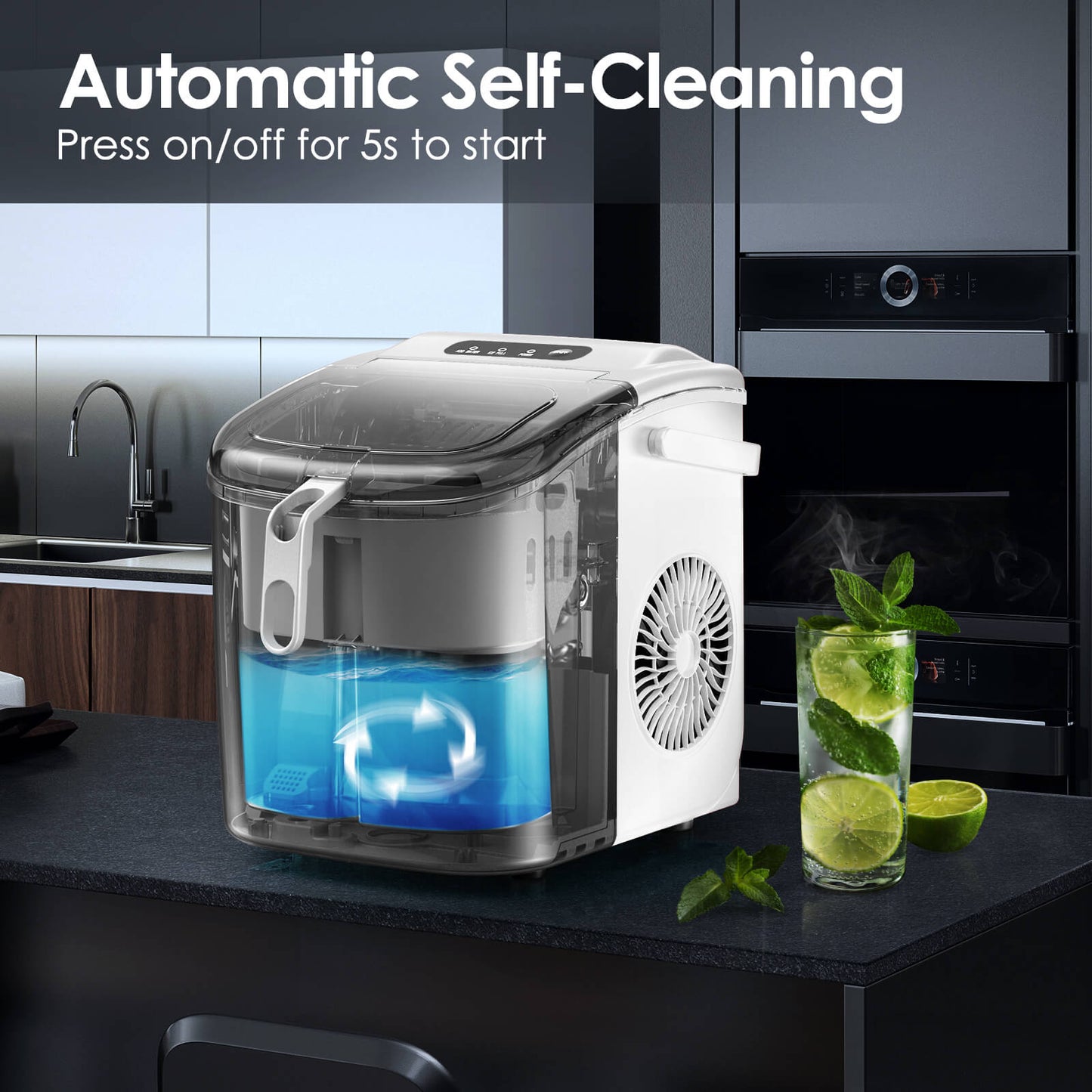Efficient Portable Countertop Ice Maker with Handle, Rapid Bullet Ice, Self-Cleaning