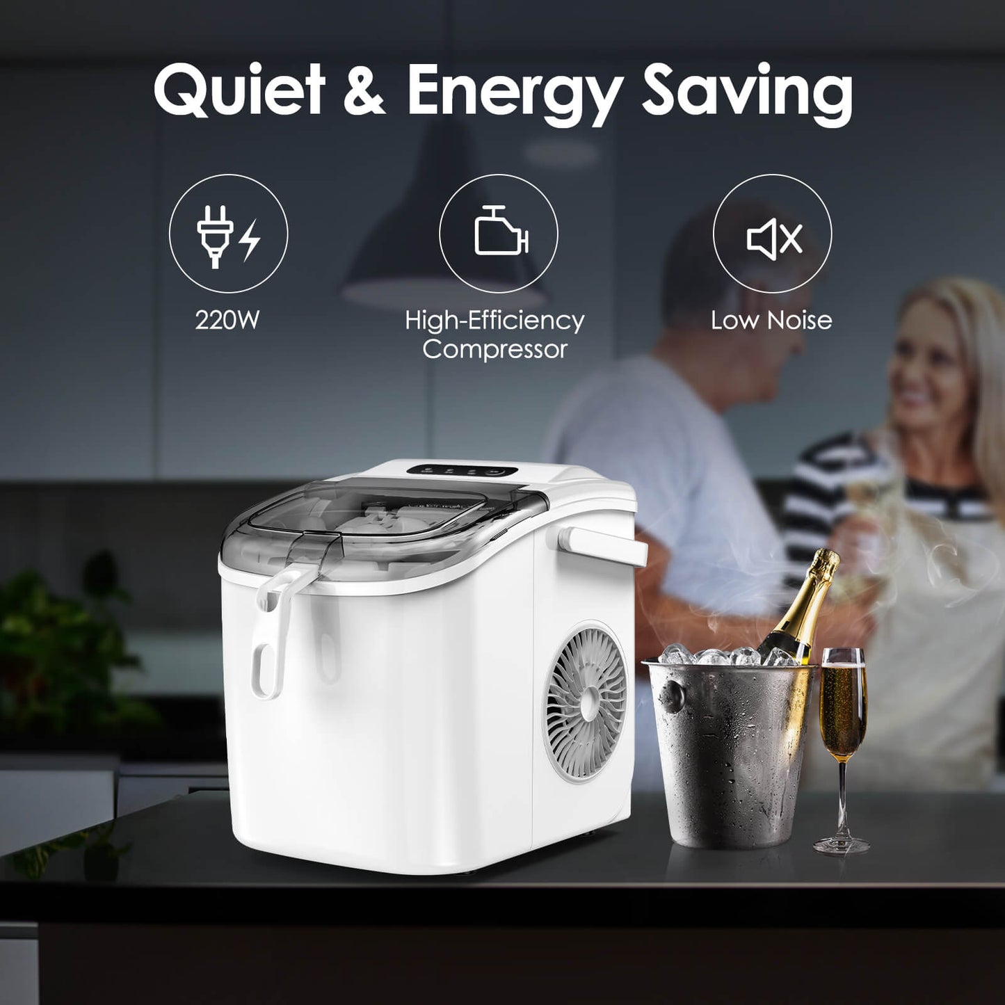 Efficient Portable Countertop Ice Maker with Handle, Rapid Bullet Ice, Self-Cleaning