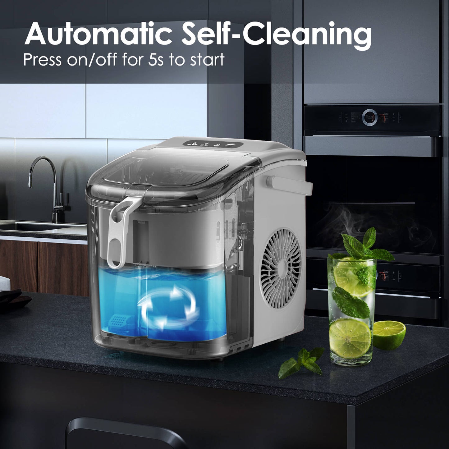 Efficient Portable Countertop Ice Maker with Handle, Rapid Bullet Ice, Self-Cleaning