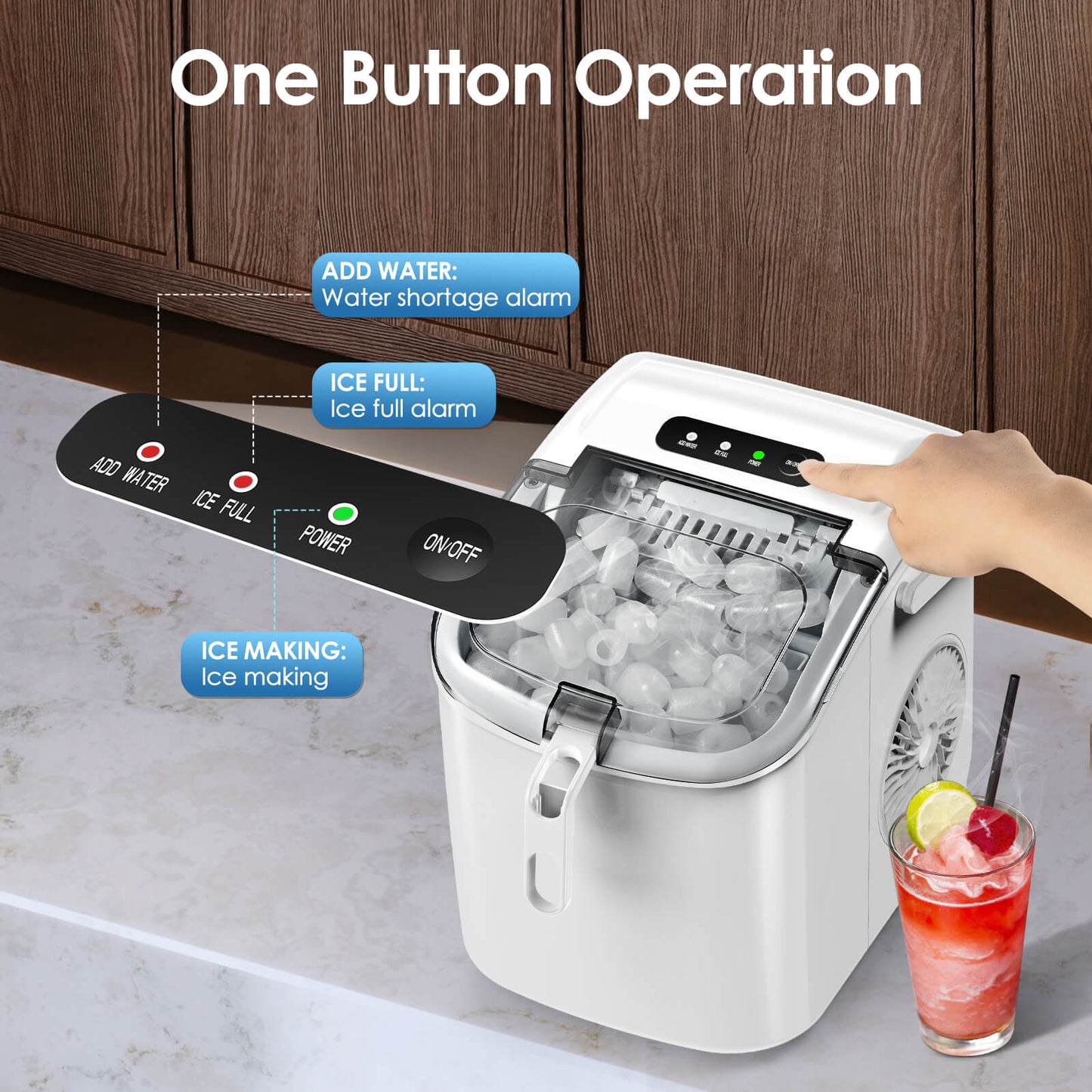 Efficient Portable Countertop Ice Maker with Handle, Rapid Bullet Ice, Self-Cleaning