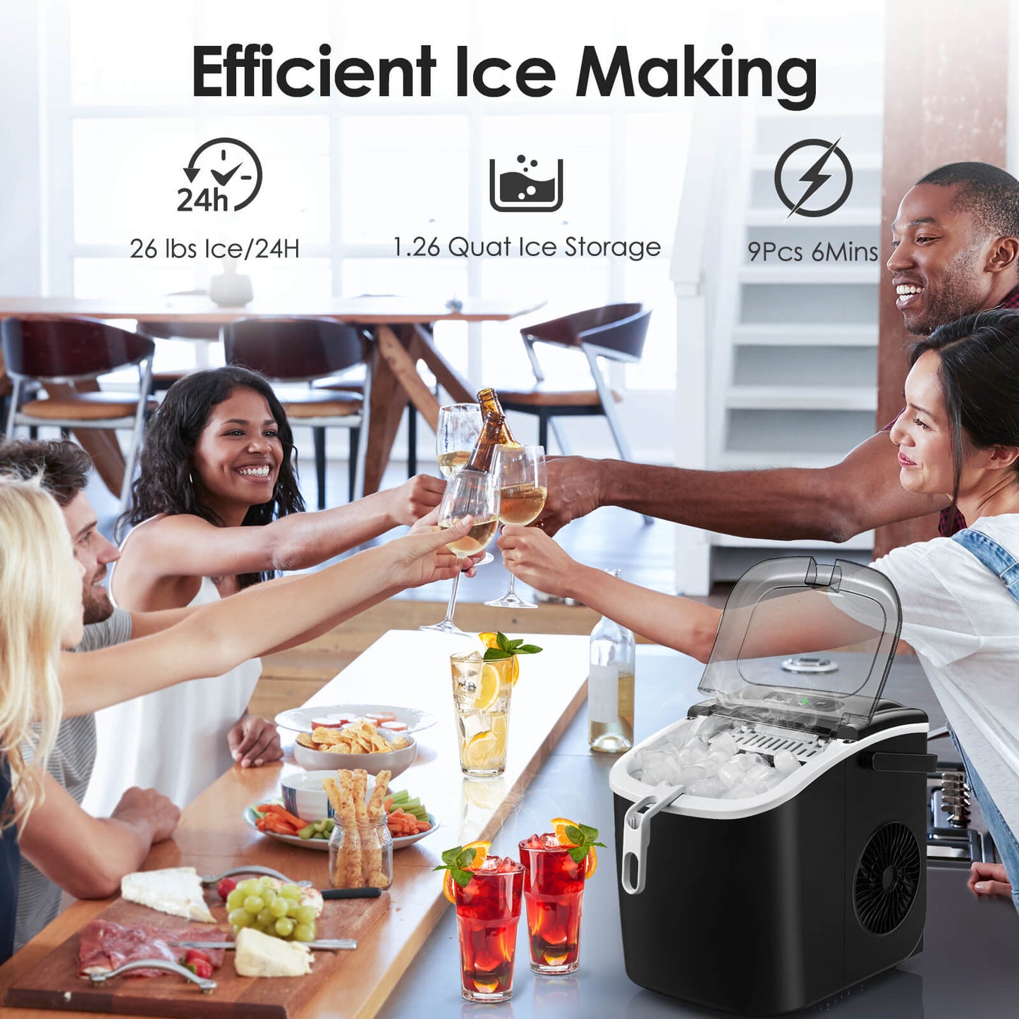 Efficient Portable Countertop Ice Maker with Handle, Rapid Bullet Ice, Self-Cleaning