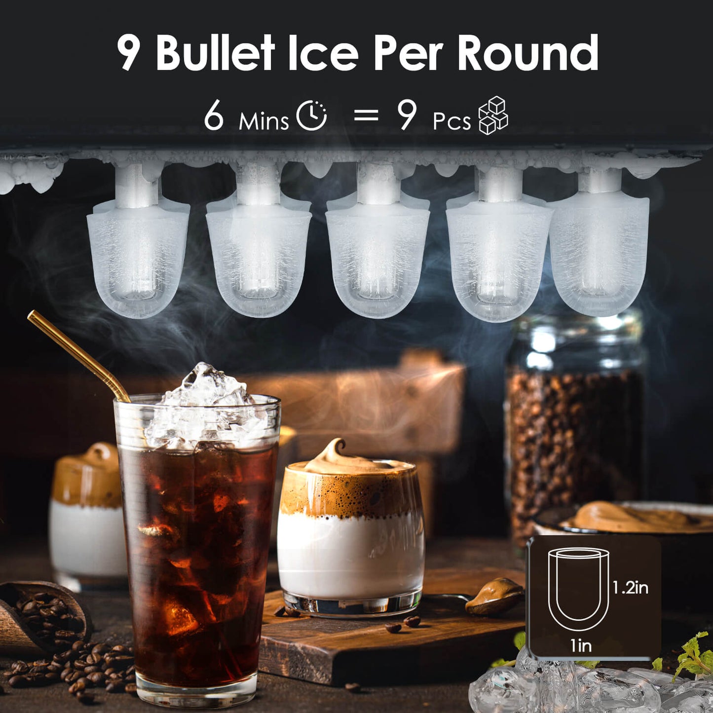 Efficient Portable Countertop Ice Maker with Handle, Rapid Bullet Ice, Self-Cleaning