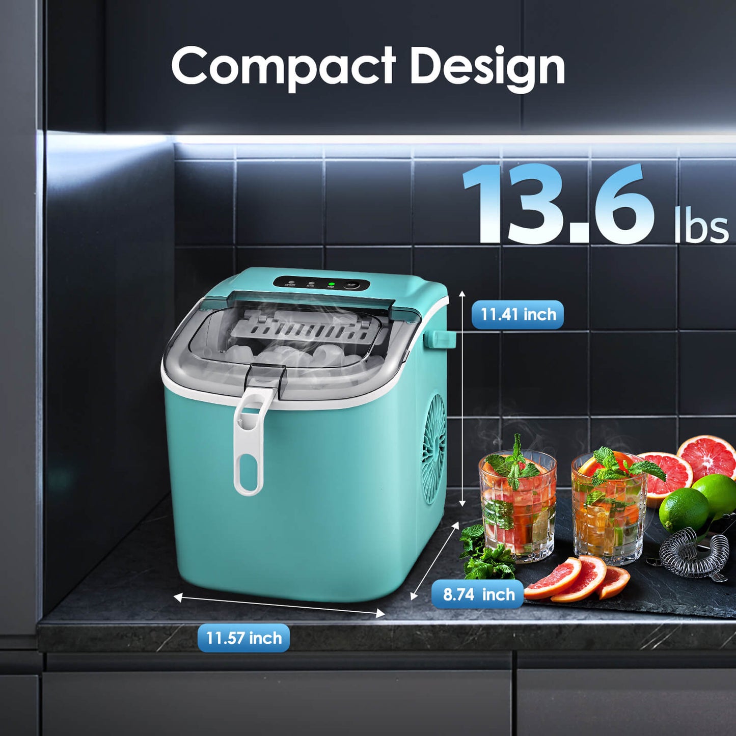 Efficient Portable Countertop Ice Maker with Handle, Rapid Bullet Ice, Self-Cleaning