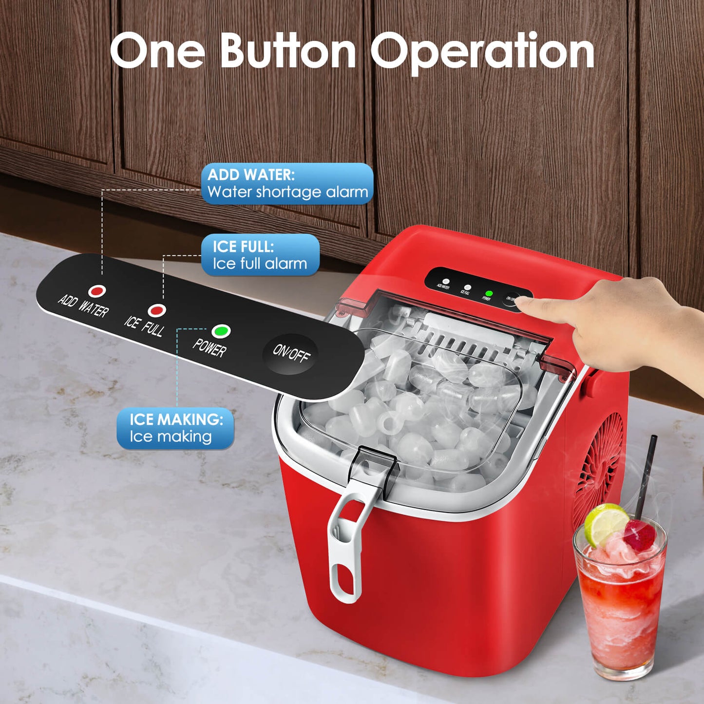 Efficient Portable Countertop Ice Maker with Handle, Rapid Bullet Ice, Self-Cleaning
