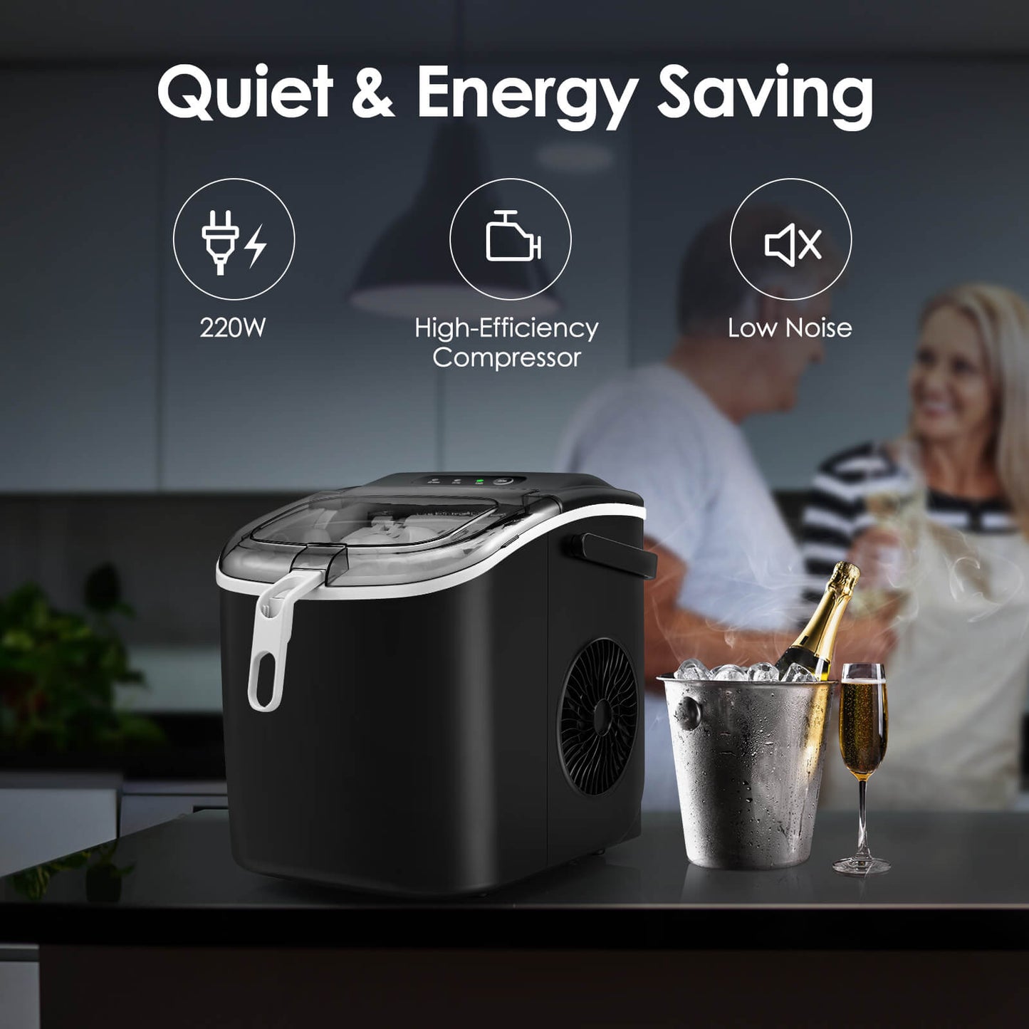 Efficient Portable Countertop Ice Maker with Handle, Rapid Bullet Ice, Self-Cleaning
