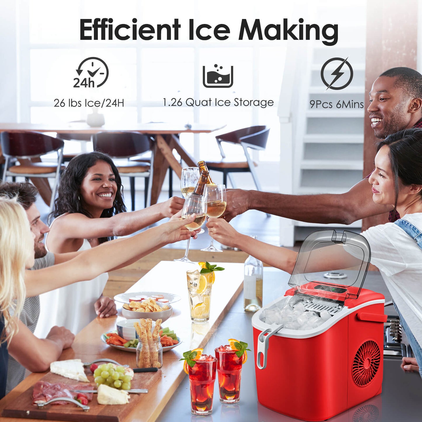 Efficient Portable Countertop Ice Maker with Handle, Rapid Bullet Ice, Self-Cleaning
